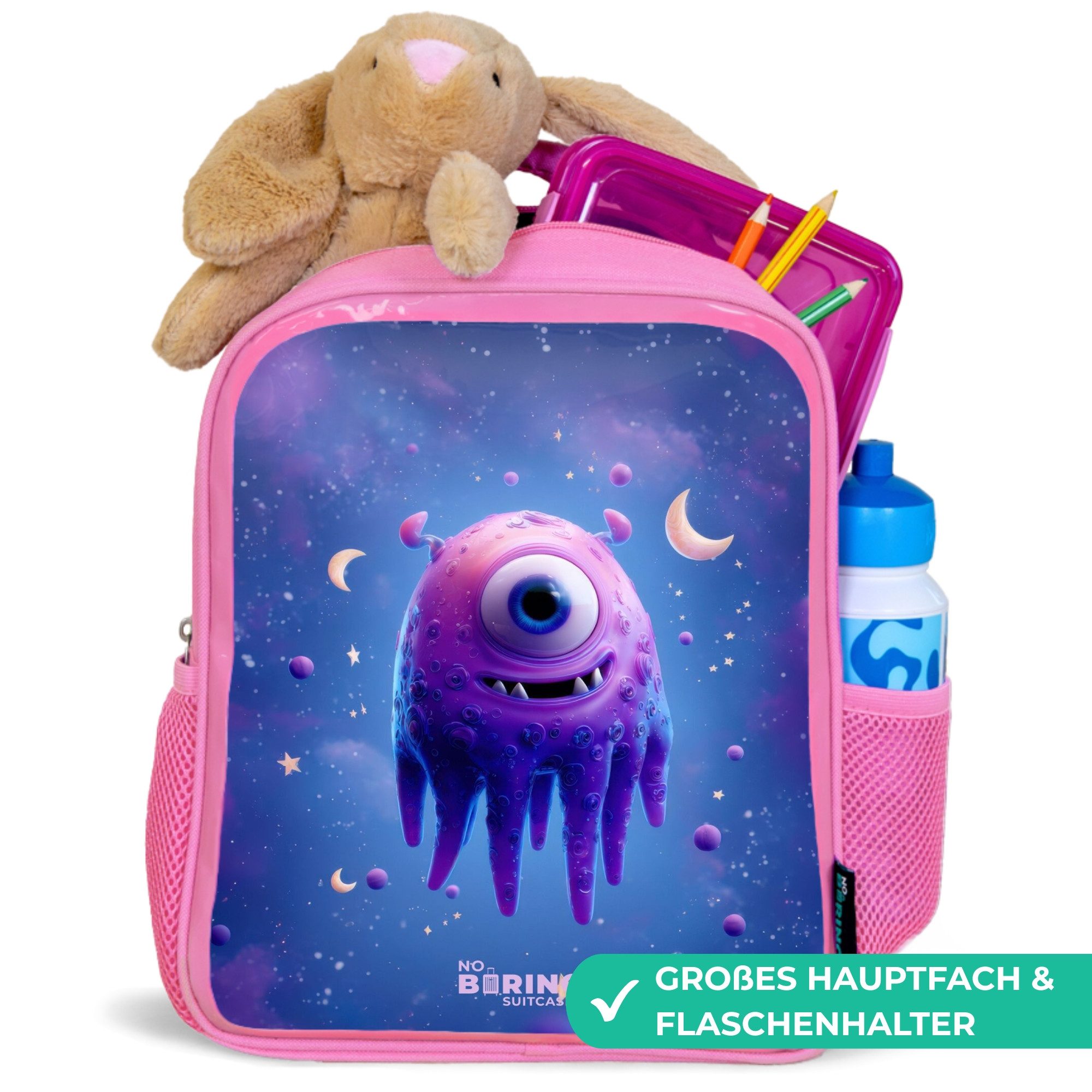 NoBoringSuitcases.com© Rucksack Rosa - Fröhliches Augenpaar im Weltraum, Kinderrucksack, Schulrucksack, Freizeitrucksack, Mädchen, Kindergarten