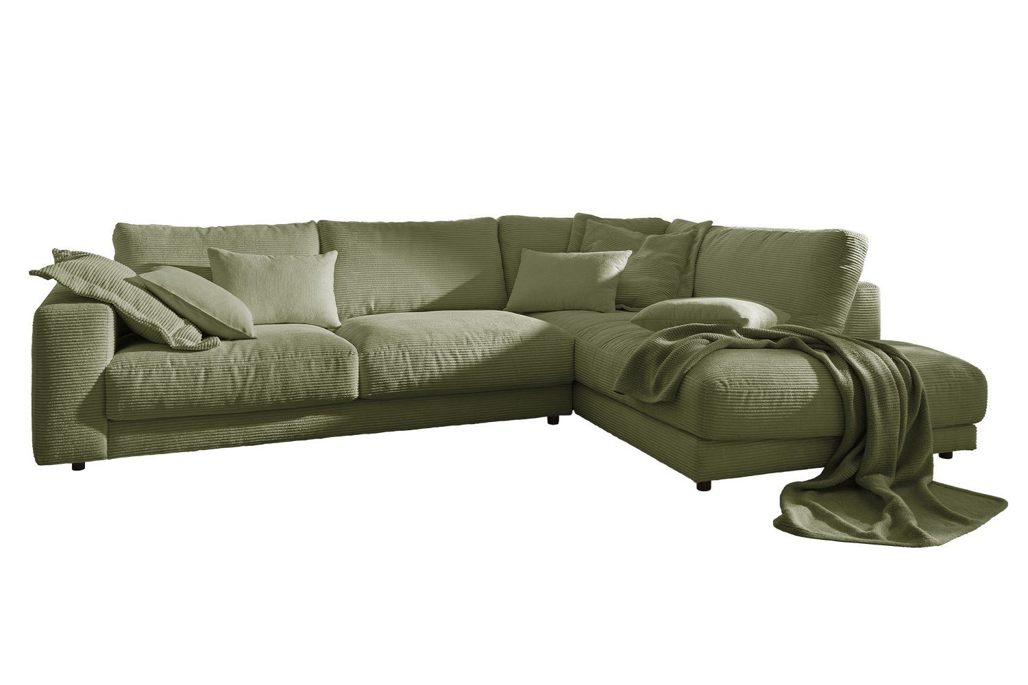 KAWOLA Ecksofa MADELINE, Sofa Recamiere rechts Farben olivgrün Cord, links, versch. od
