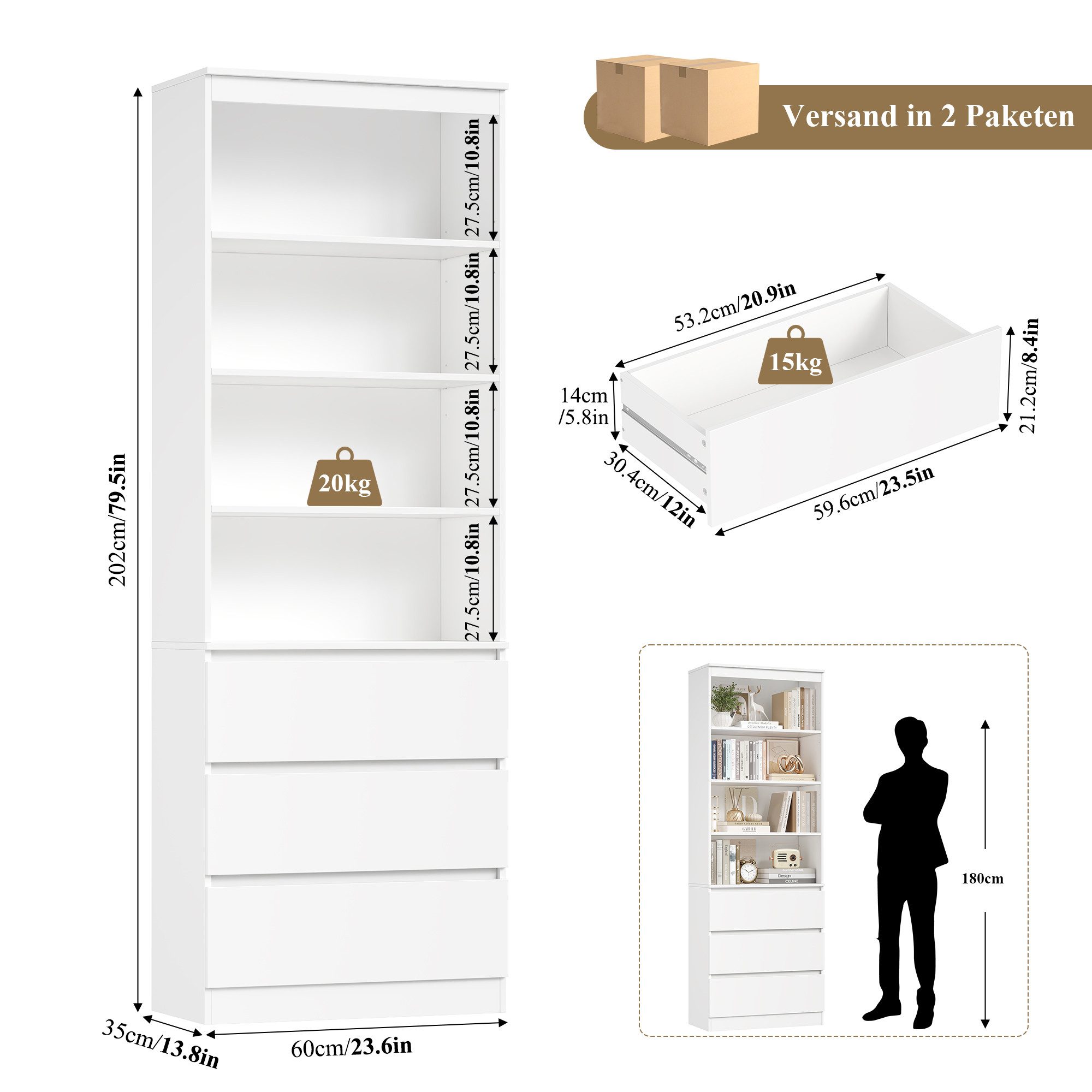 Homfa Bücherregal Hochschrank Standregal Bücherschrank Raumteiler, mit 4 Fächern und 3 Schubladen, 60x35x202cm