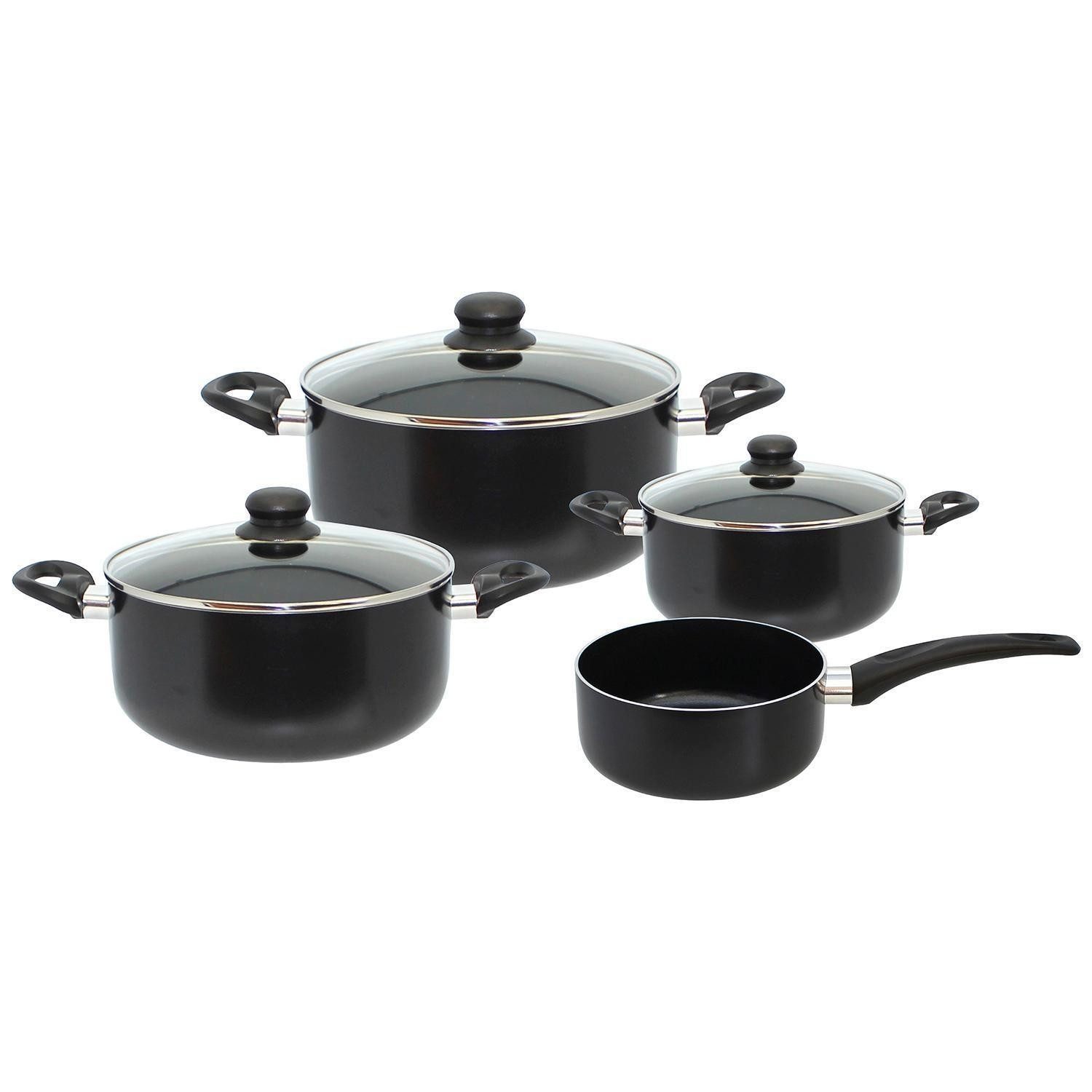 Elo Topf-Set METIS, 4-teilig, Schwarz, mit Glasdeckel, Aluminium, 3 Kochtöpfe und 1 Stielkasserolle