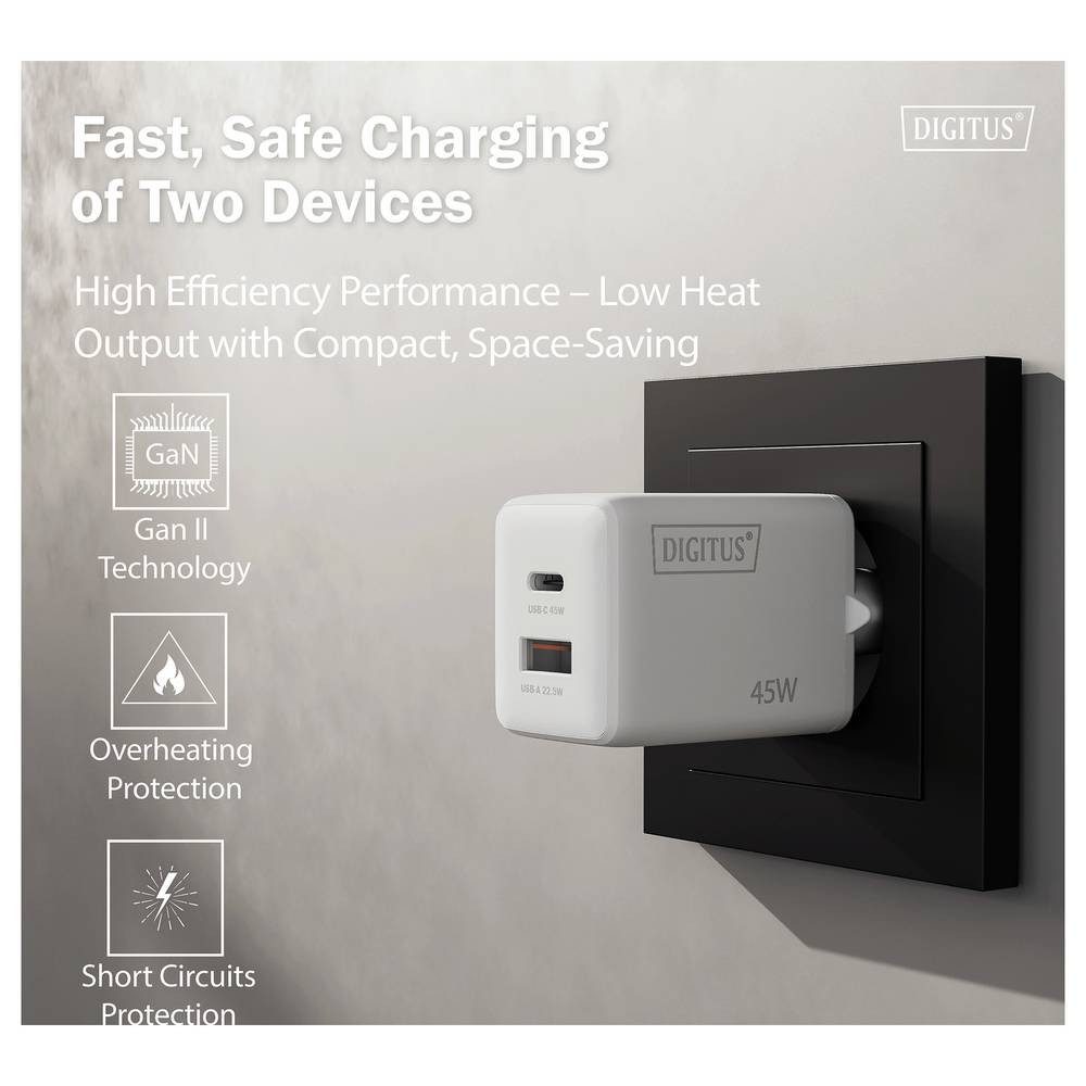 Digitus DA-10302 USB Ladegerät 45 W 1x USB-A, 1x USB-C® Weiß USB-Ladegerät