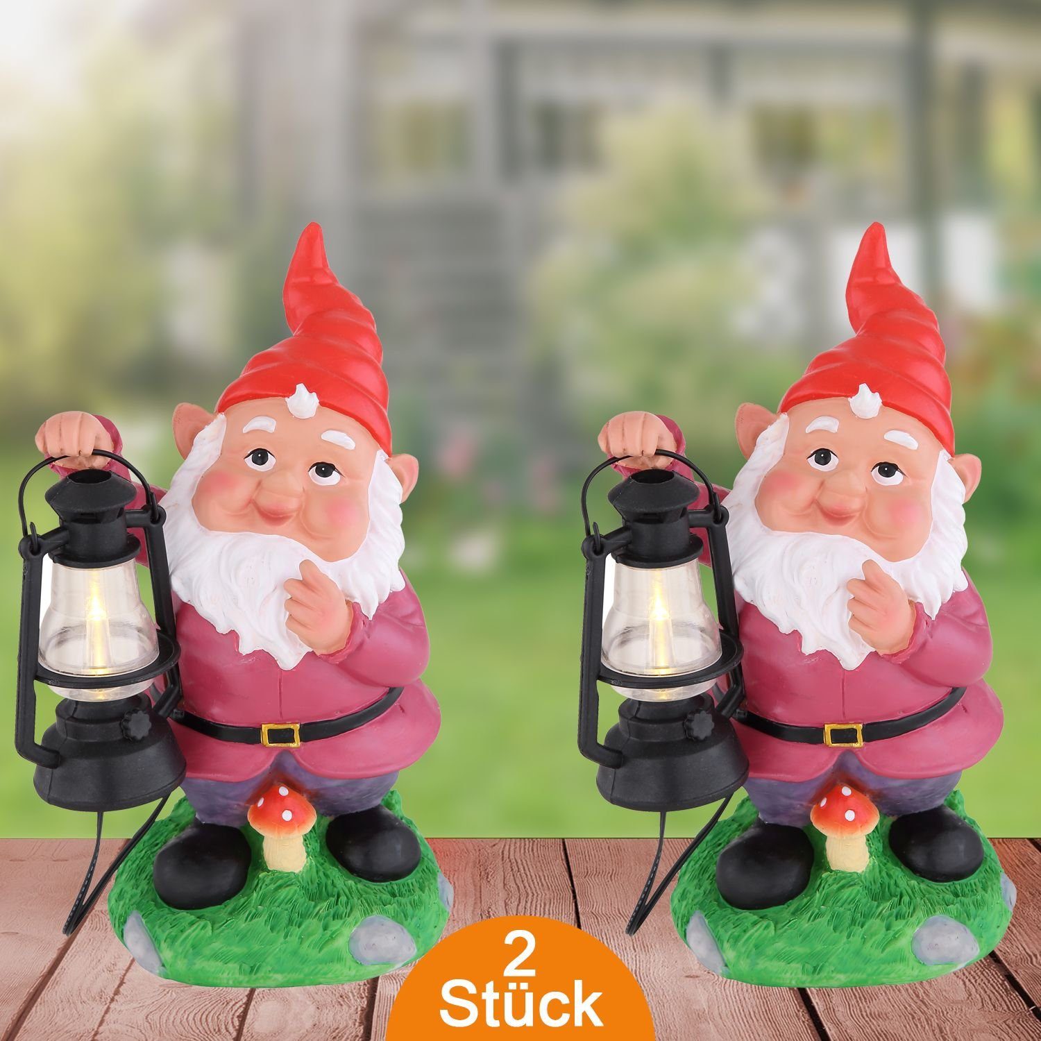 bmf-versand LED Solarleuchte Солнечные фонари Garten Deko Gartenzwerg Lustig 2er Set Solarlampe Außen, Solar, LED fest integriert, warmweiß, Dekoleuchte Gartenfigur