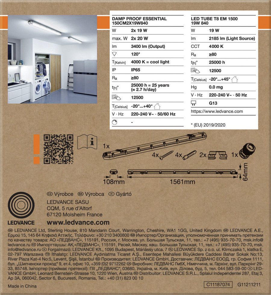 Osram Lichtleiste Osram Feuchtraumleuchte Damp proof Essential 2x, Inkl. Leuchtmittel, Nicht dimmbar ohne Bewegungsmelder