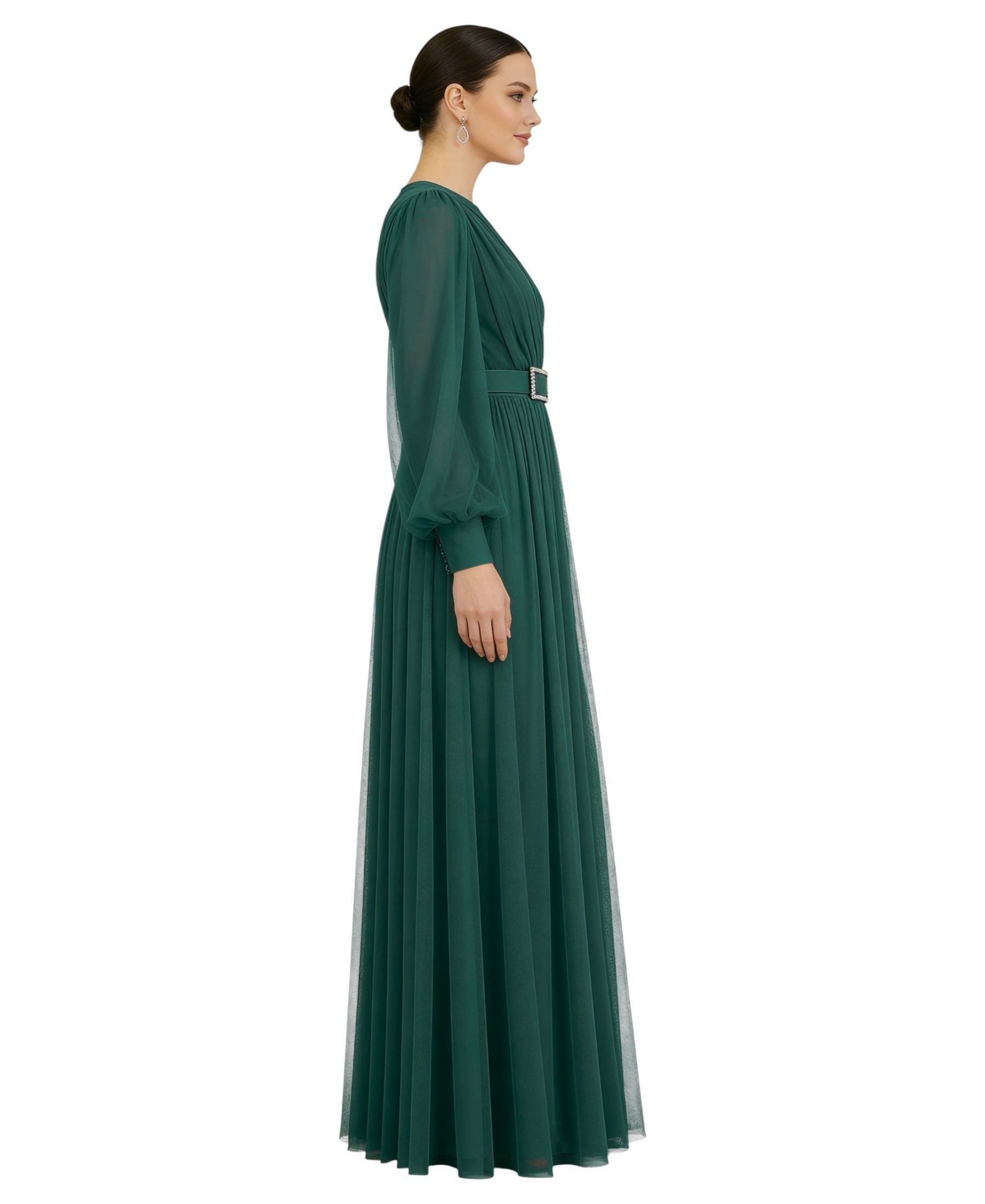 fashionshowcase Abendkleid Damen Maxikleid langarm Tüllkleid elegant mit Gürtel Modest Fashion Fließender Plissee-Rock mit taillierendem Gürtel