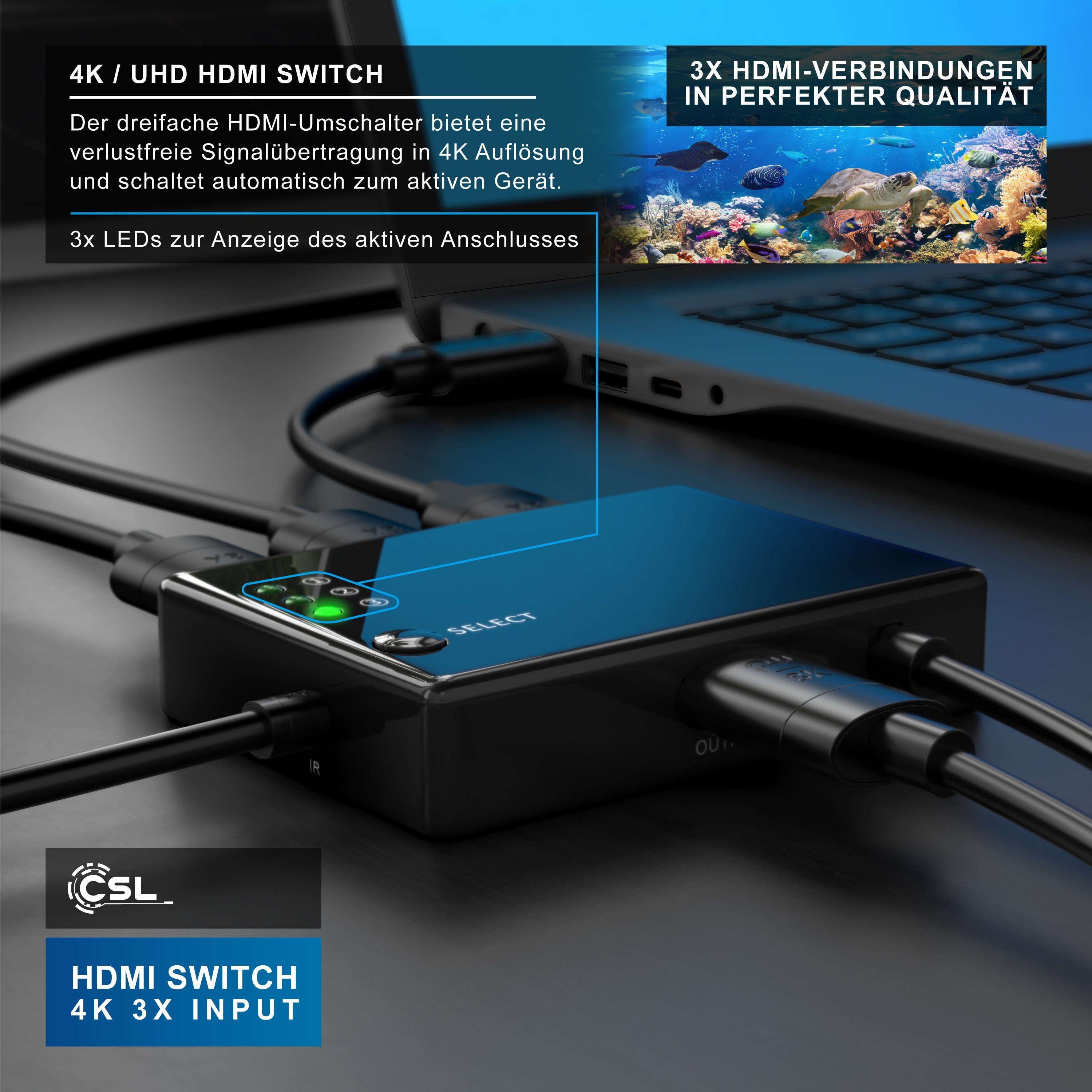 Primewire Audio / Video Matrix-Switch 3-Port 4Kx2K Ultra HD HDMI Switch/Verteiler, automatische Umschaltung, Video-/Audioschalter mit Verstärker, UHD inkl. Fern – Bild 5 von 5