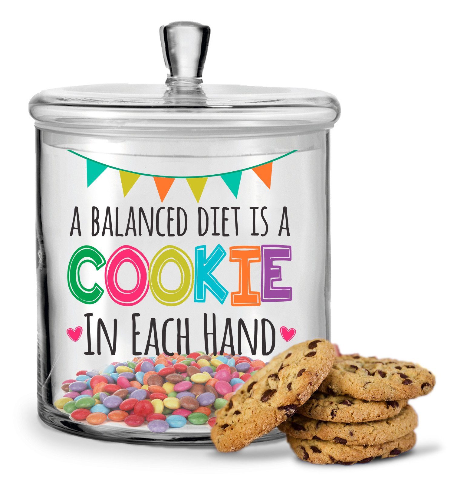 GRAVURZEILE Keksdose UV-Druck - Balanced Diet is a Cookie in each Hand, Glas, Handgefertigte Glasdose mit Deckel für Partner, Freunde & Familie