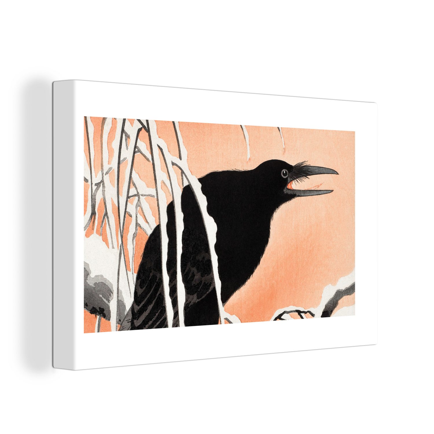 Krähe - St), OneMillionCanvasses® cm Skandinavisch Leinwandbilder, Vintage Vögel - Wanddeko, Japanisch, - 30x20 Aufhängefertig, Wandbild - Leinwandbild (1
