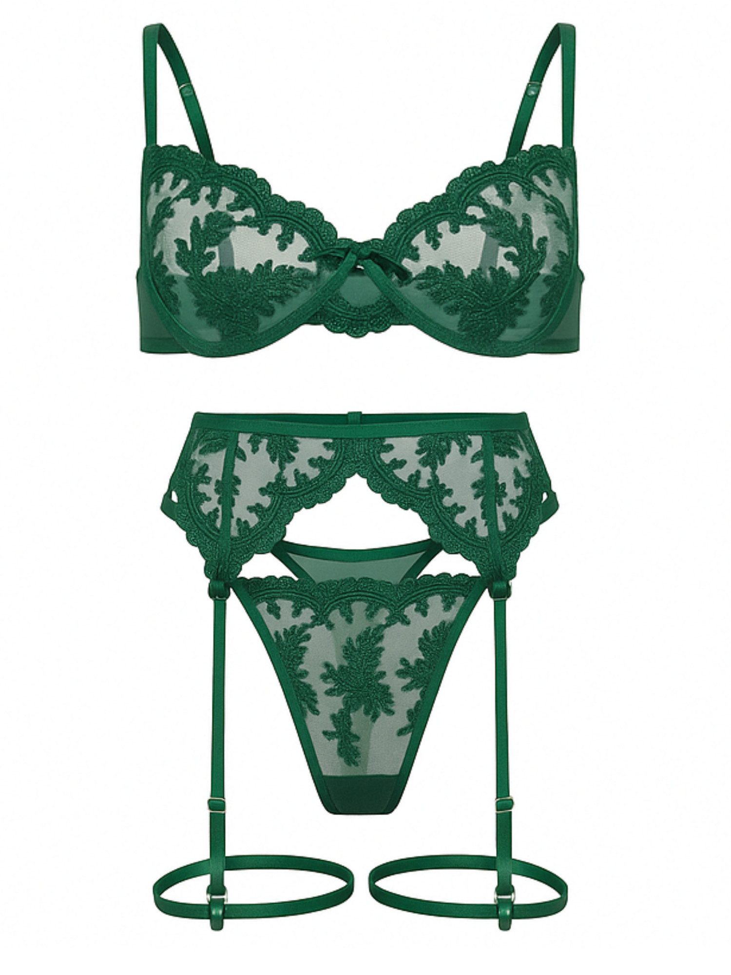 Elegant Love Set: Bügel-BH Sexy Lingerie-Set aus Spitze – Dessous-Set mit Strapsen (Set, 4-tlg., BH + Tanga + Strumpfgürtel +Beinriemen) Reizwäsche – Damenunterwäsche für besondere Anlässe