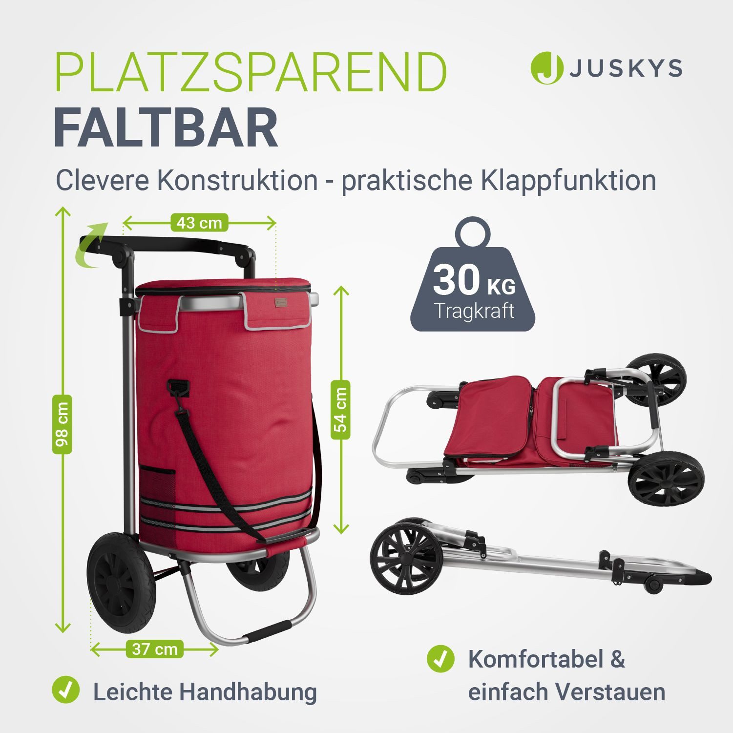 Juskys Einkaufstrolley, 56 l, 3in1 für Shopping, mit 2 Rollen, 56 L Tasche, klappbar & modern