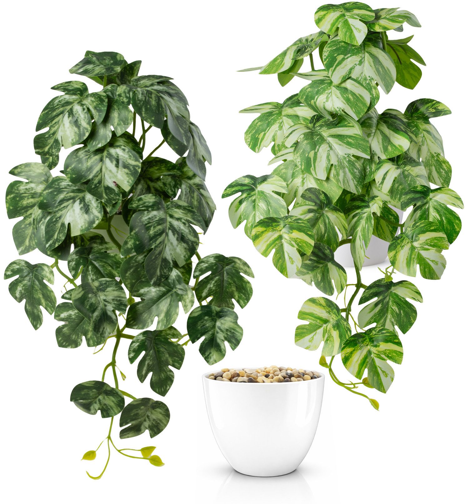Kunstpflanze Künstliche Hängepflanzen im bruchfesten Topf, Hängepflanze künstlich Efeu, Monstera, Philodendron, Calathea, Pfeilblatt, Mosaik- & Zebrapflanze, PASCH, Bruchfester weißer Kunststofftopf