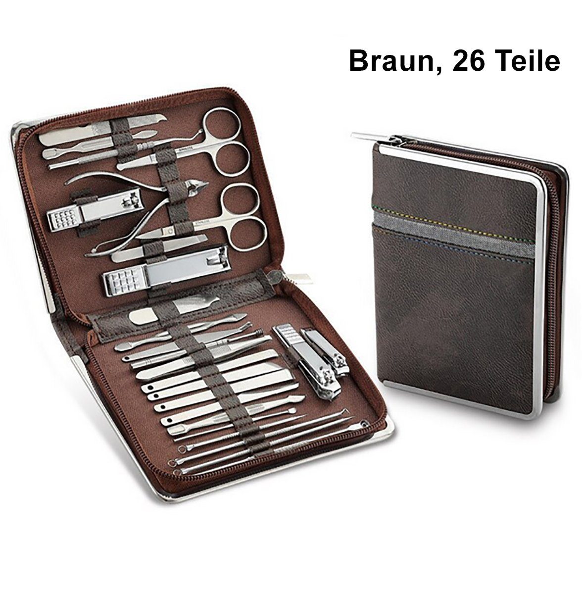 TPFBeauty Maniküre-Pediküre-Set Nagel Set mit Aufbewahrungs-Etui, 26-tlg., Nagelschere, Nagelknipser, Pinzette uvm., Edelstahl Maniküre Set Pediküre Set - Braun