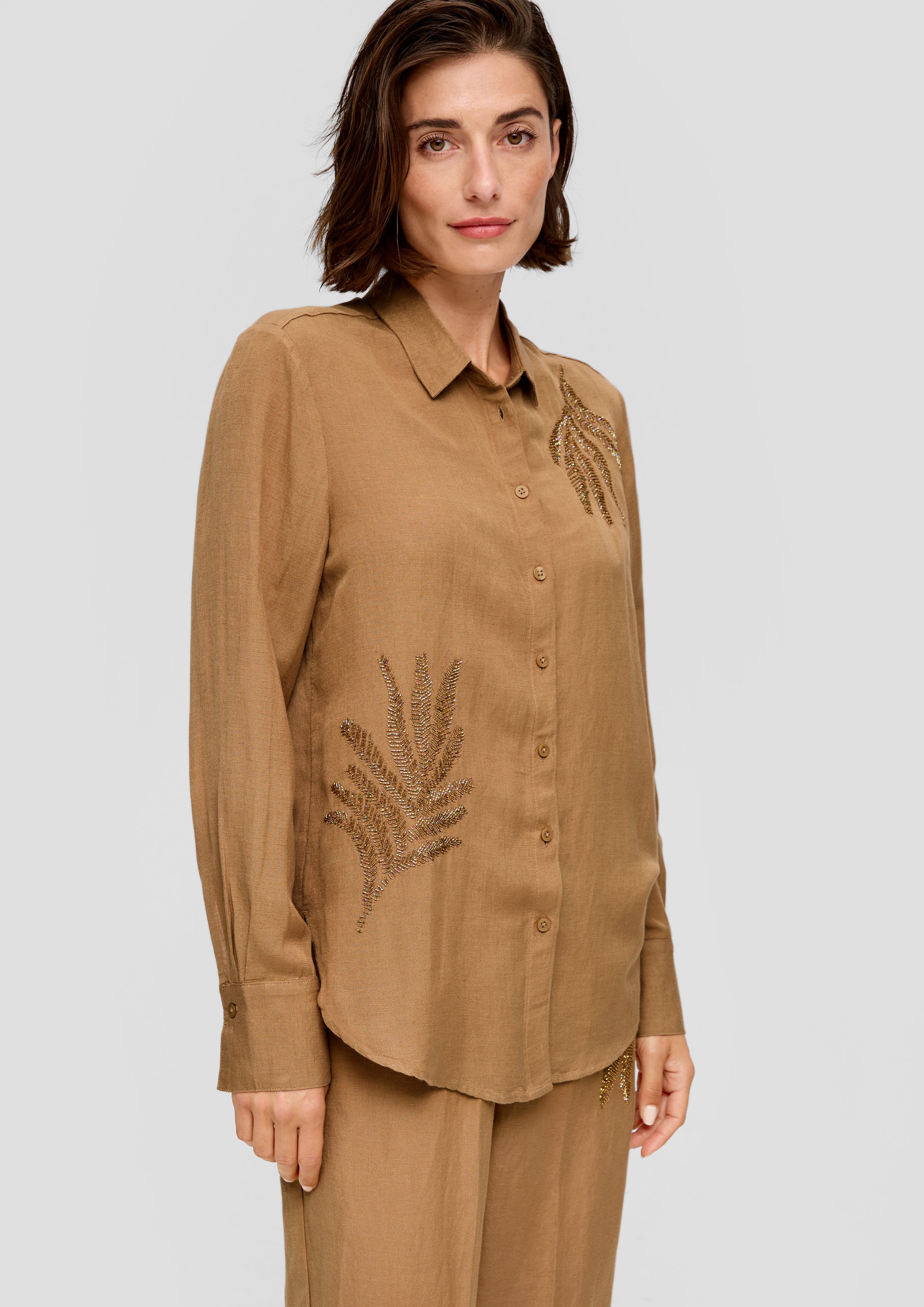 Langarmbluse Longbluse aus Leinenmix mit Schmuckperlen