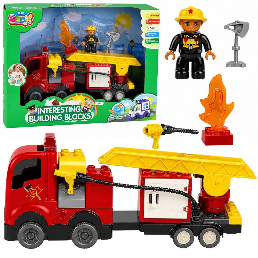 LEAN TOYS Spielzeug-Feuerwehr Feuerwehrauto Drehleiterfahrzeug Bausteinset, (Spar-Set, 1-tlg), Reibungsantrieb, Drehleiter, Figur & Zubehör