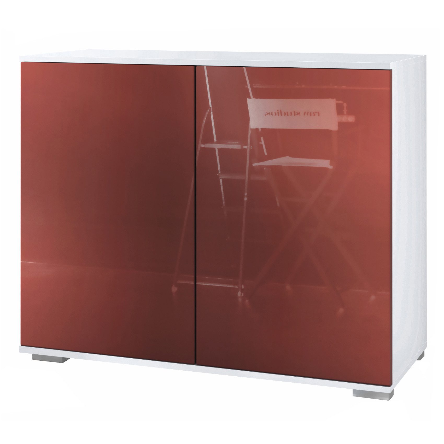 Vladon Kommode Skadu V3 (Moderner Küchenschrank, mit 2 großen Türen), Weiß matt / Bordeaux Hochglanz (92,5 x 75.5 x 35)