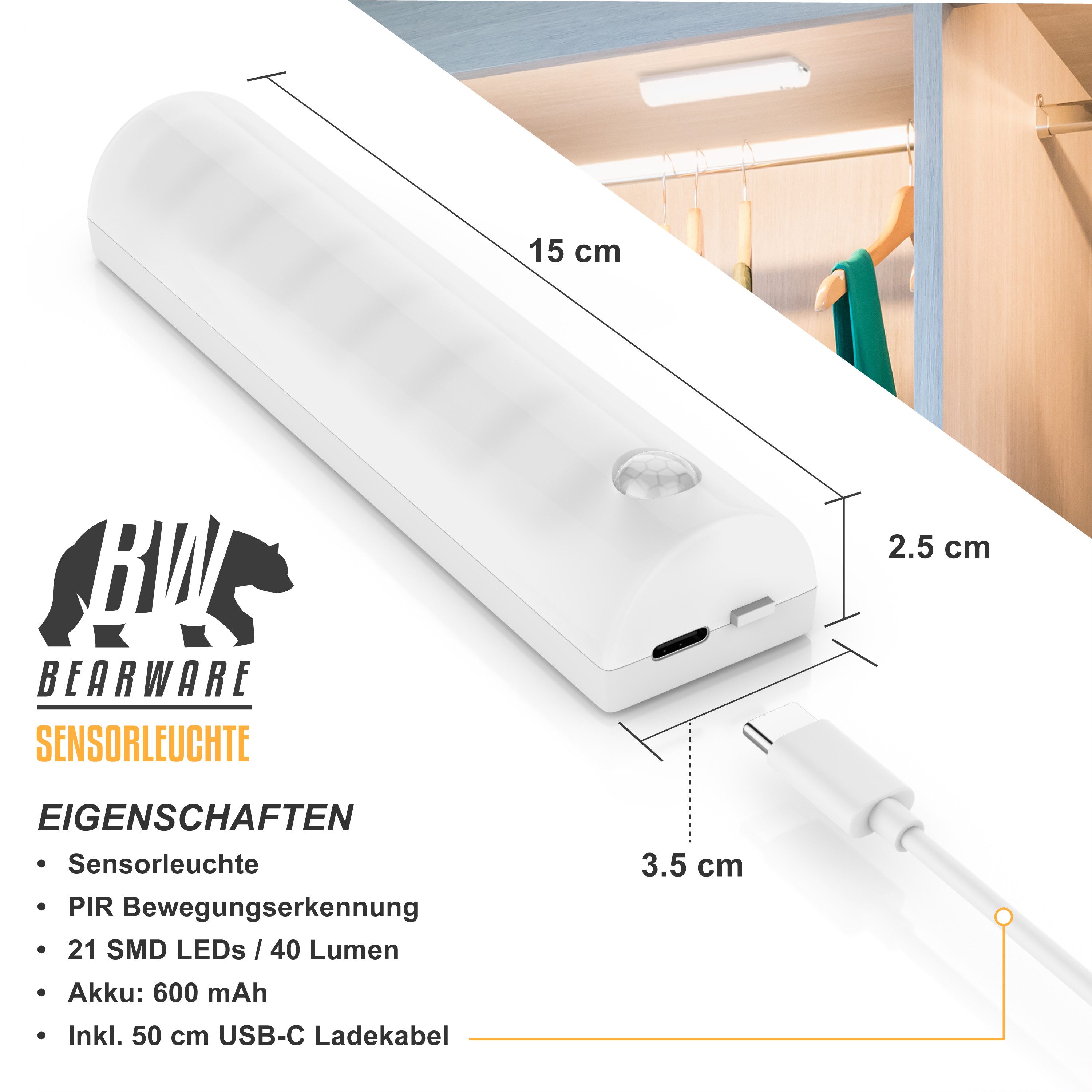 BEARWARE Smarte LED-Leuchte Sensorlicht mit Bewegungsmelder, PIR Sensor, 4 Lichtfarben, Nachtlicht, Farbwechsel; Ein-/Ausschalter, LED fest integriert, Kaltweiß, 2× Warmweiß, Neutralweiß, Flexible Anbringung mit Magnetstreifen, 40 Lumen, 3m Reichweite