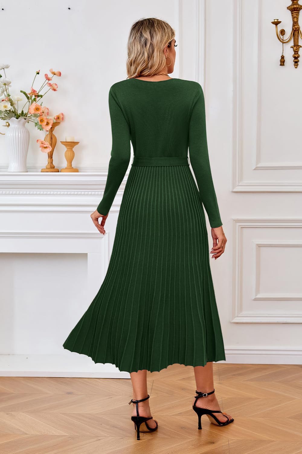 Arach&Cloz Strickkleid Damen Pulloverkleid Herbst Winterkleid Lang Plissee V-Ausschnitt Langarm Elegant Midi Kleider Winter