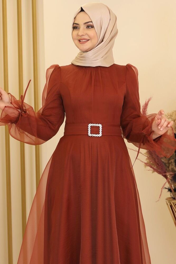 Damen Abaya mit Kleid Modavitrini langärmliges Gürtel Maxikleid Hijab Abendkleid Mode Kupfer Abiye