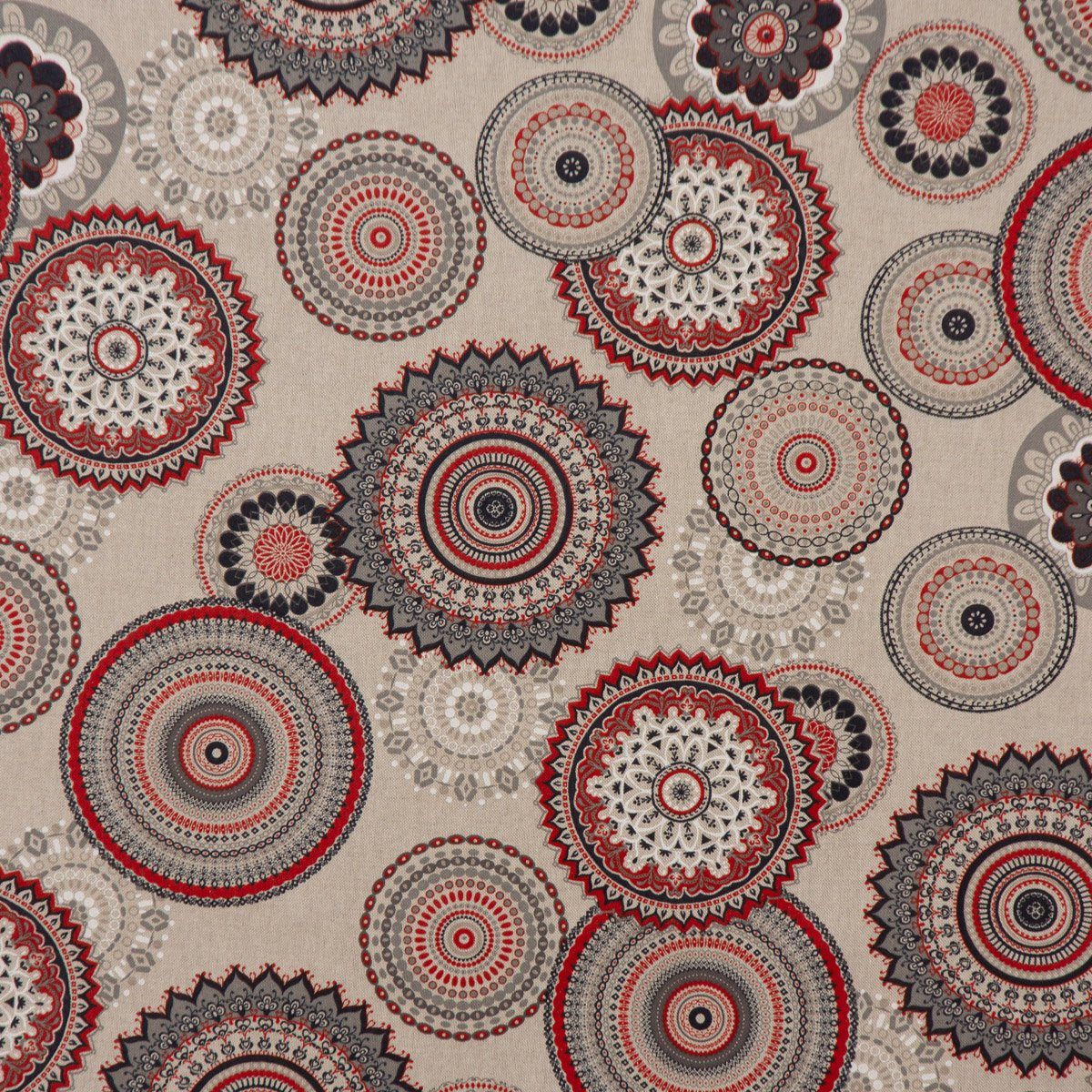 SCHÖNER LEBEN. Stoff Dekostoff Meterware Halbpanama Leinenlook Mandalas natur rot 140cm, pflegeleicht