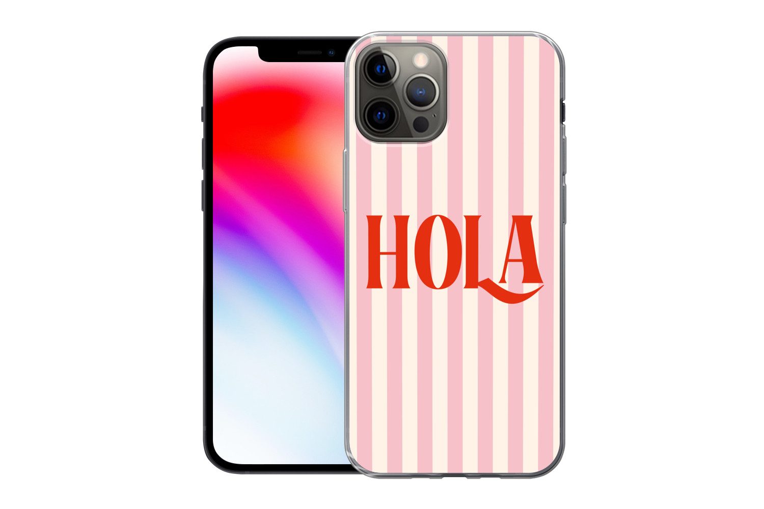 MuchoWow Handyhülle für Apple iPhone 12 Pro Hola - Zitat - Streifen - Pastell - Rosa - Rot, Smartphone-Bumper, Print, Handy Schutzhülle Dünn