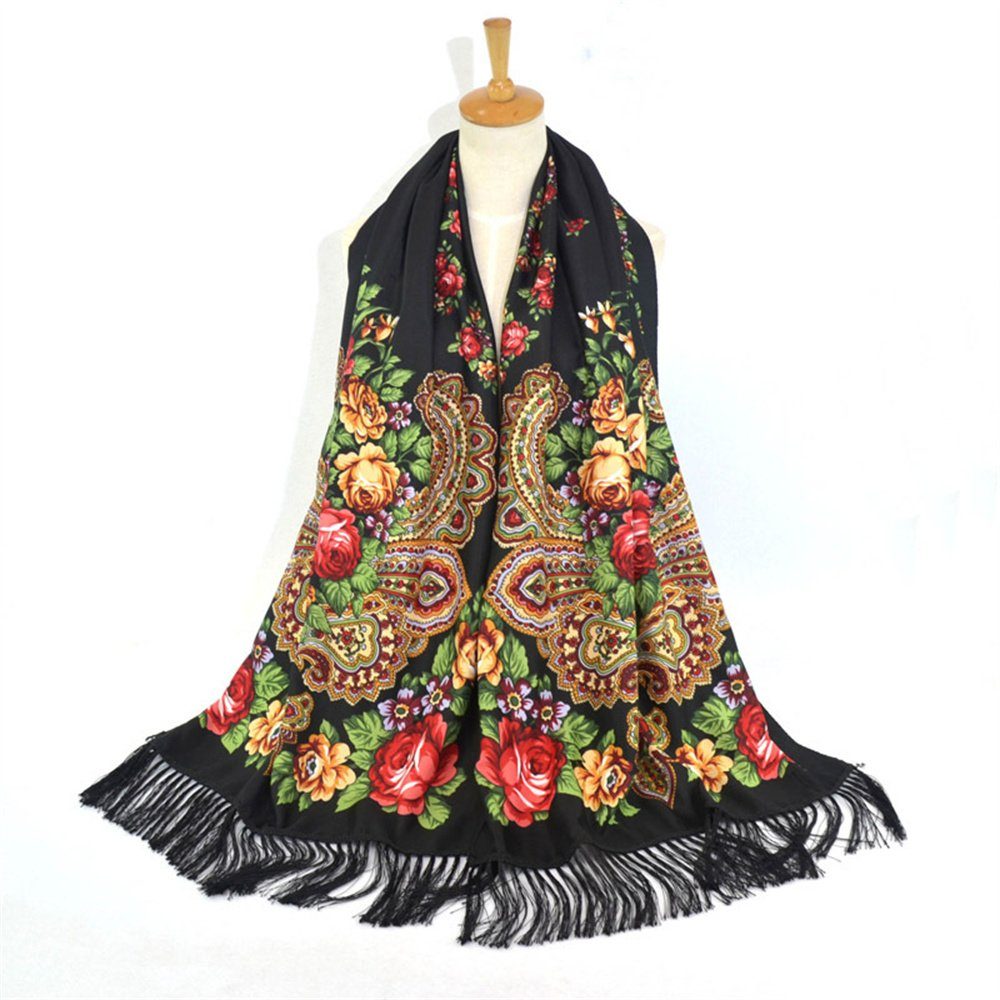 BEüACC Modeschal Damen Schal, Ethnischen Stil Twill Baumwolle quadratischen Schal Schwarz