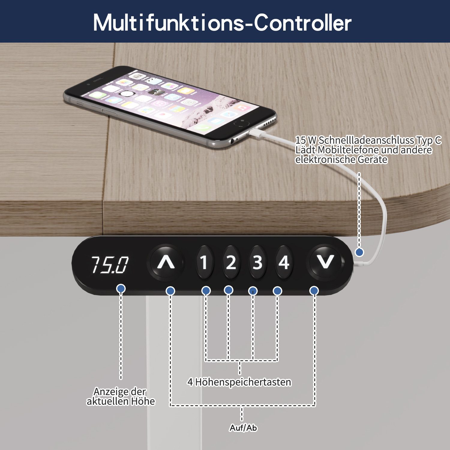 IvyIvy Schreibtisch L-Form, Höhenverstellbarer, mit Typ-C-Ladeanschluss, Orange Bildschirm, Mauspad, Desktop-Stecker, 4 Speicherhöhen, Metallrahmen, 150x68/100cm