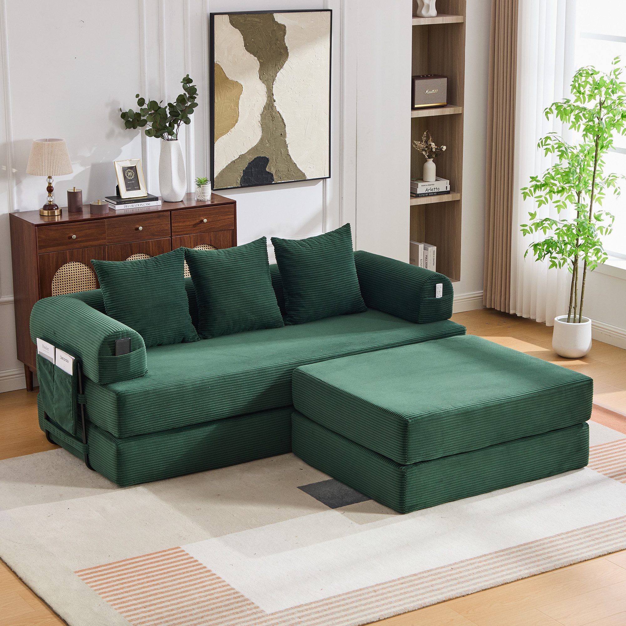 Odikalo Sofa Ecksofa Modulares Sofa mit Schlaffunktion, Modulares Cord-Kompressionssofa, stabilem Metallrahmen, Seitentasche und 3 bequemen Kissen – extra dicke Polsterung für mehr Komfort