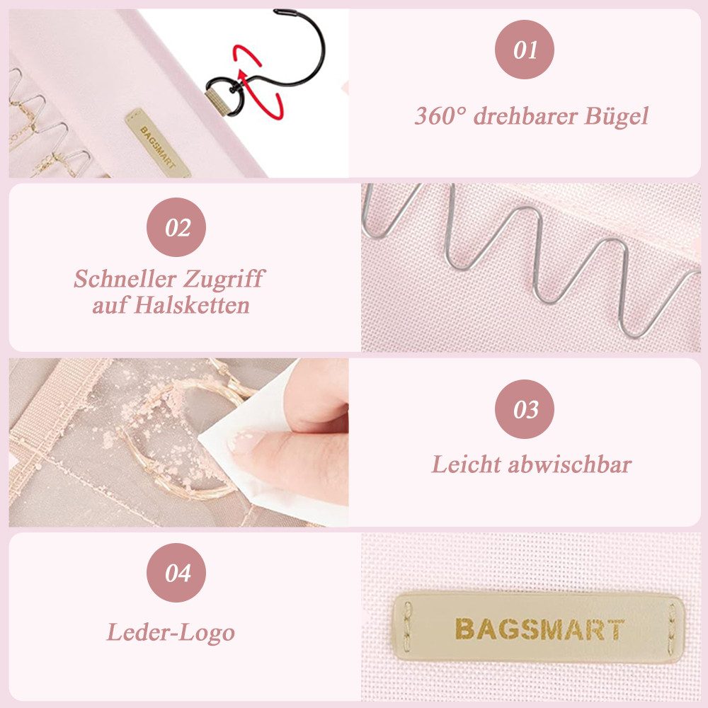 TUWENA Schmuckständer Hängender Schmuckorganizer, Schmuckaufbewahrung Doppelseitige, Mit 32 Taschen und 3 Metallhaken Ketten für Ohrringe Halsketten Ringe