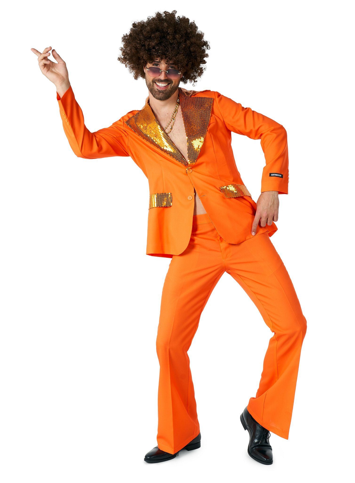 SuitMeister Partyanzug Disco Schlager Kostüm Anzug orange - für Fasching, 70er Disco Anzug mit reichlich Pailletten