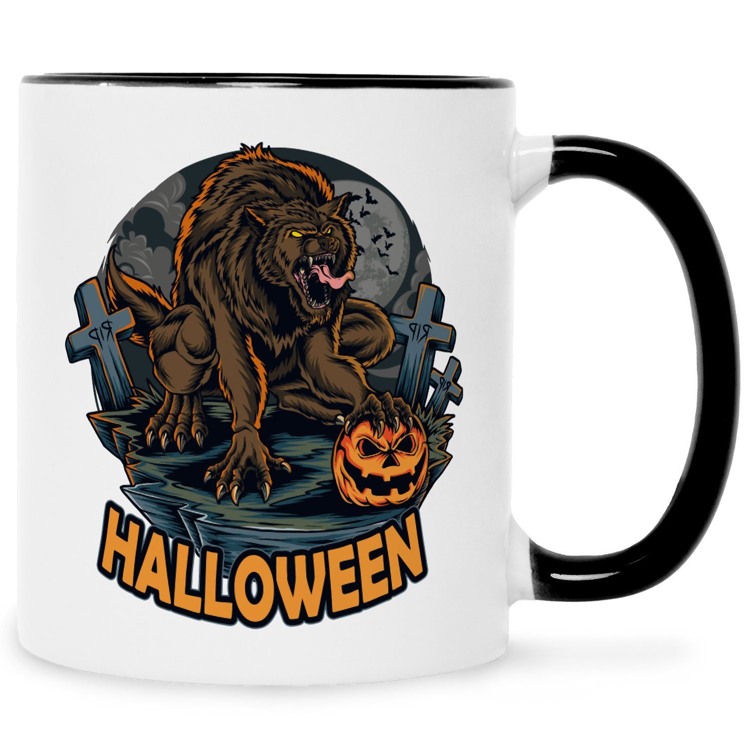 mit Geschenke Weiß - Halloween Motiv Schaurige - Schwarz Tasse GRAVURZEILE zu Design Werwolf