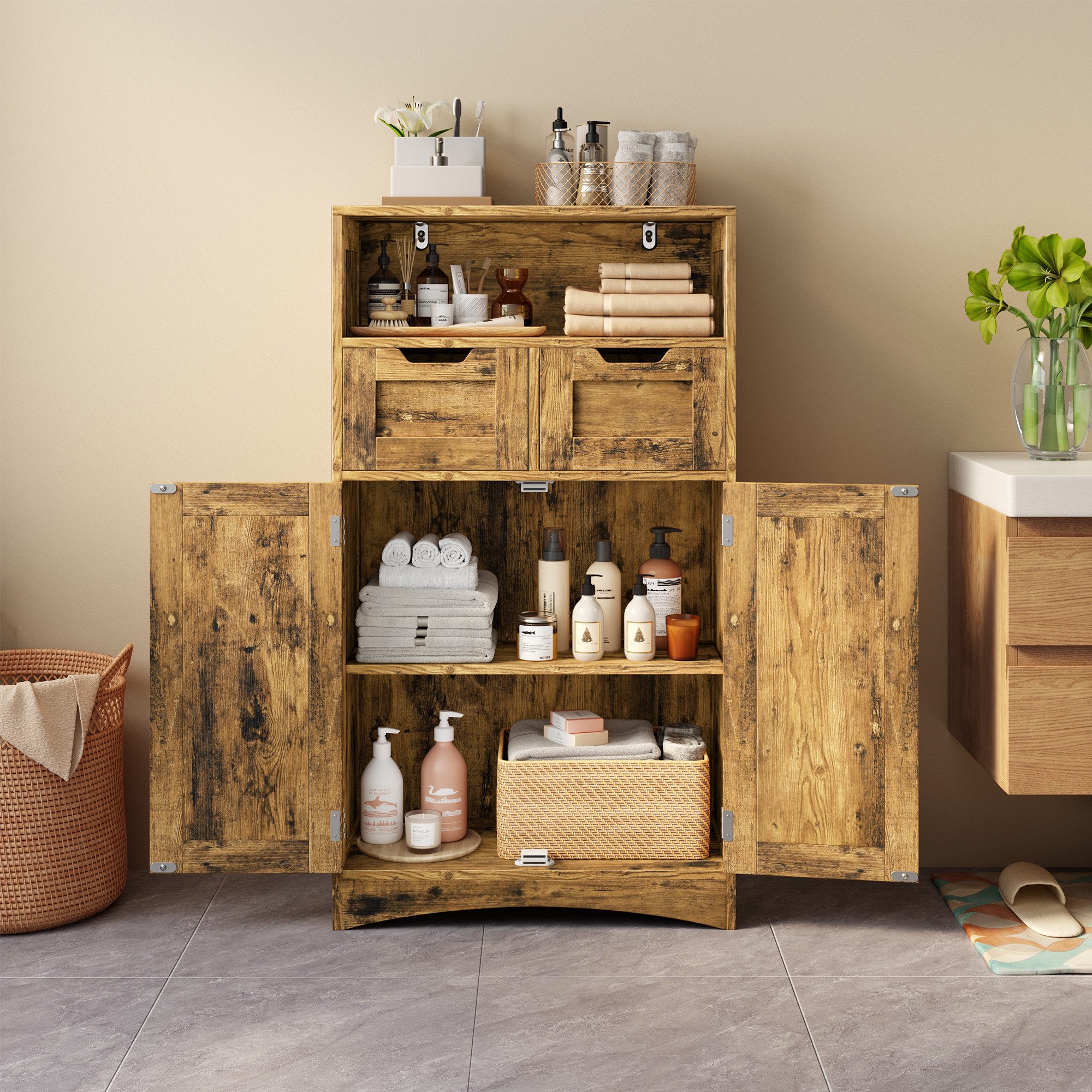 Bealife Badkommode mit 2 Schubladen, verstellbares Regal, multifunktional