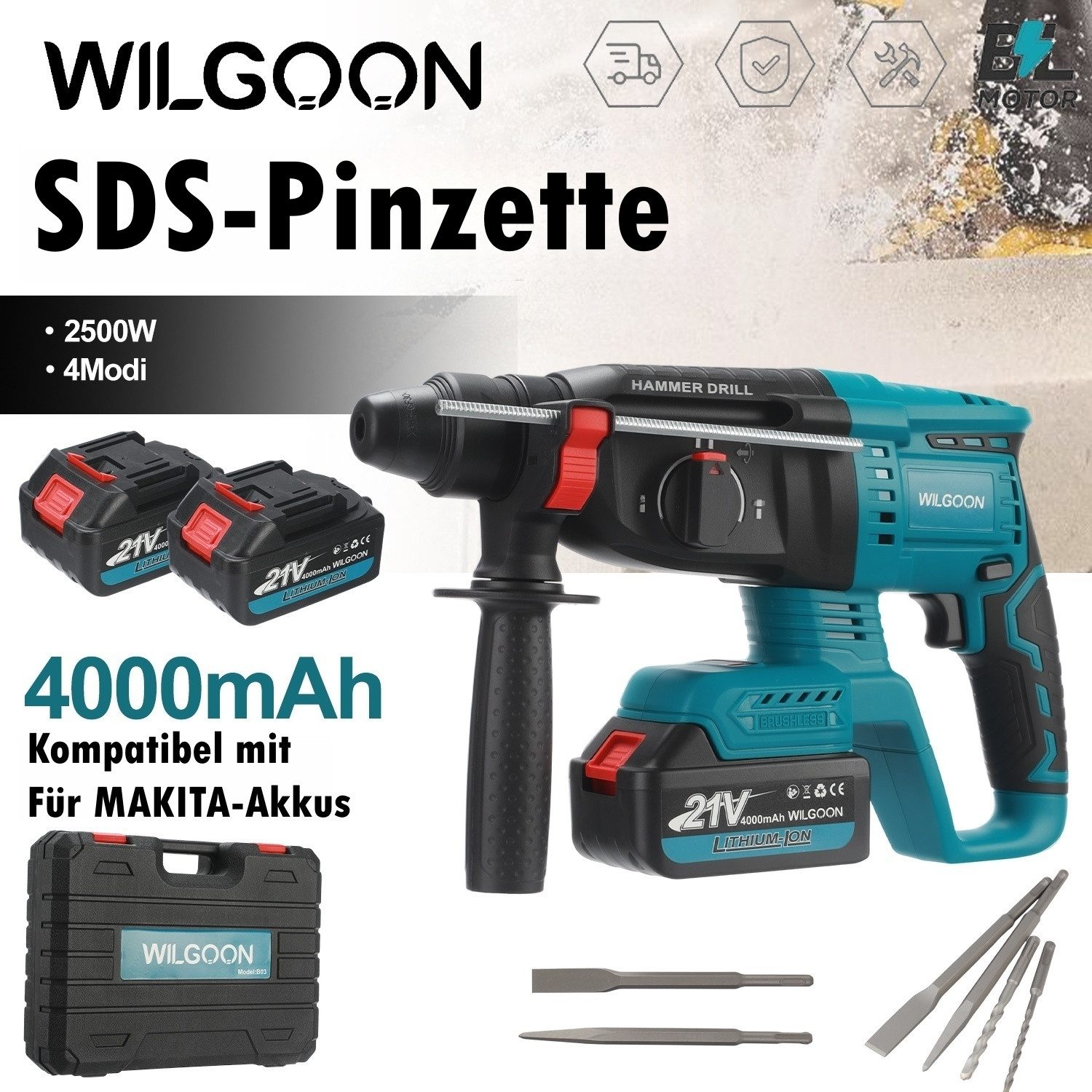 WILGOON Akku-Bohrschrauber 4-in-1 Akku Bohrhammer Set, SDS-plus, Sicherheit günstig online kaufen