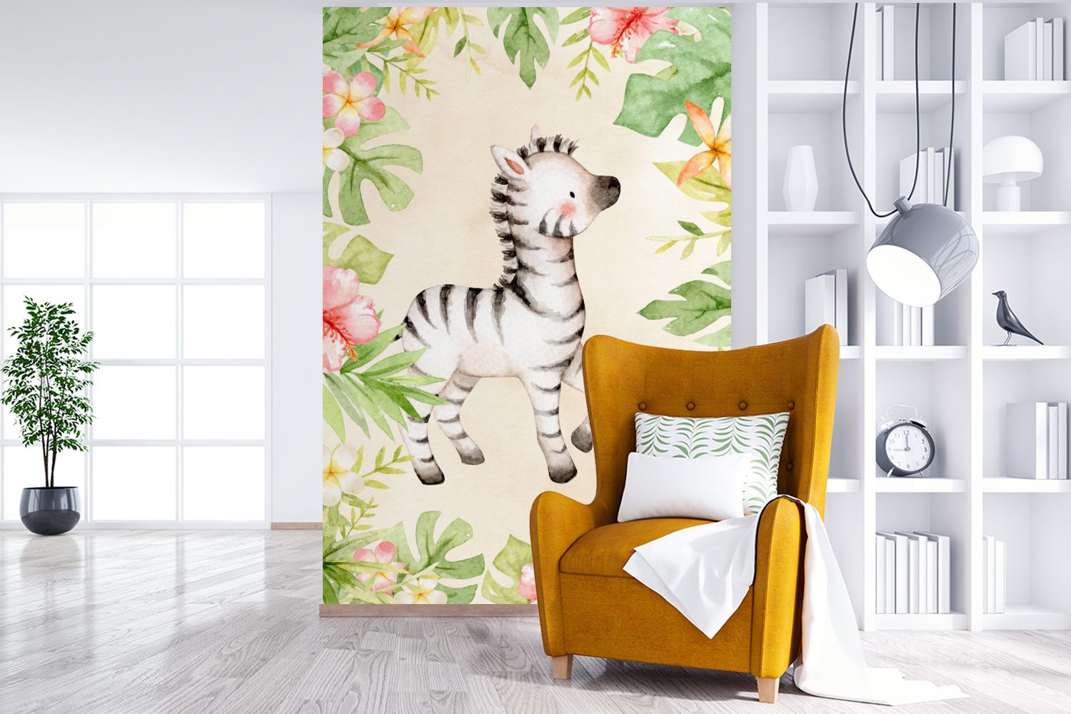MuchoWow Fototapete Zebra - (3 Dschungel Montagefertig Tapete Wohnzimmer, - St), bedruckt, für Wandtapete Matt, Vinyl Aquarell