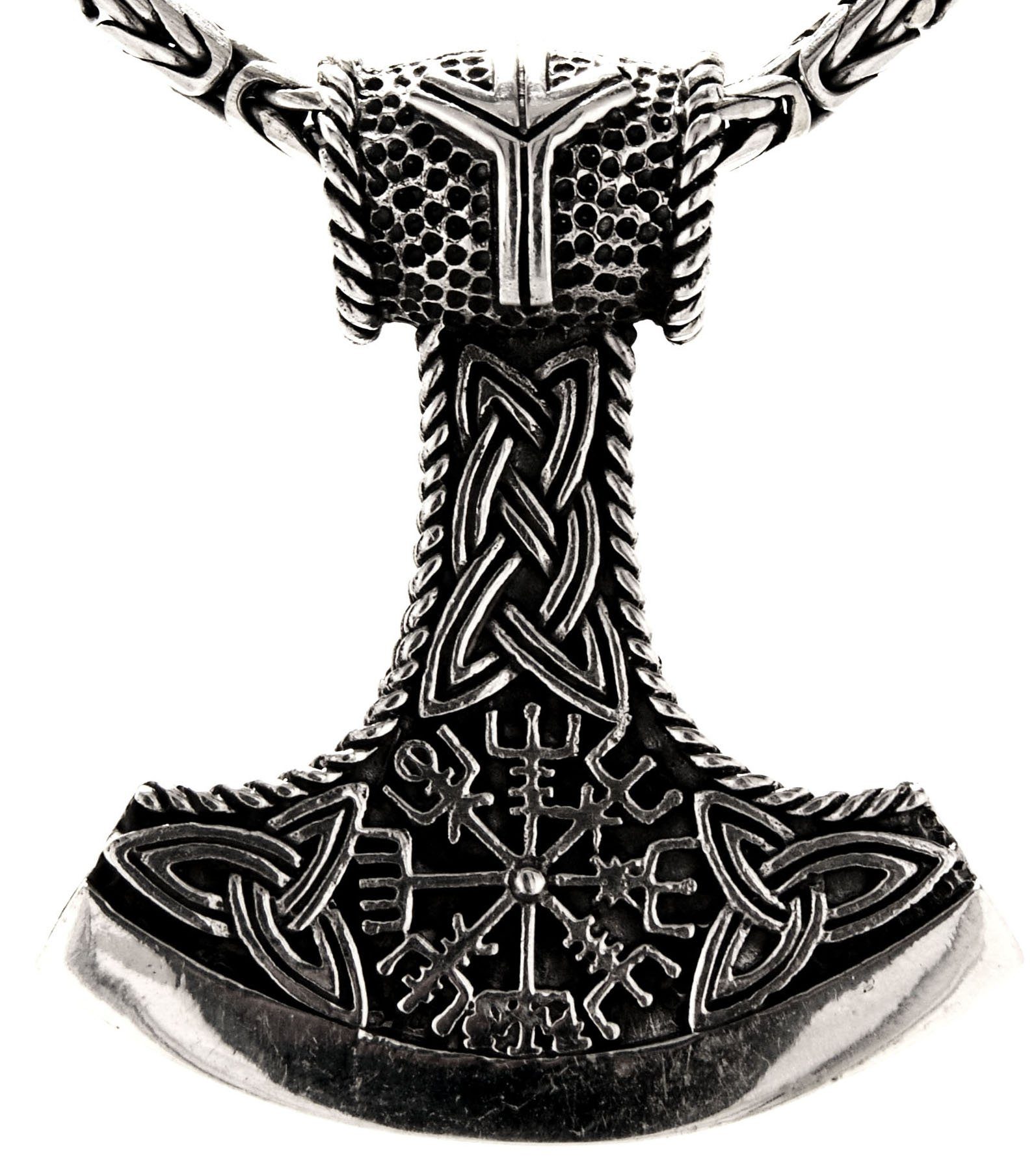 Kiss of Leather Kette mit Anhänger Thorshammer Thor Hammer Wikingerkompass Vegvisir Königskette 3 mm