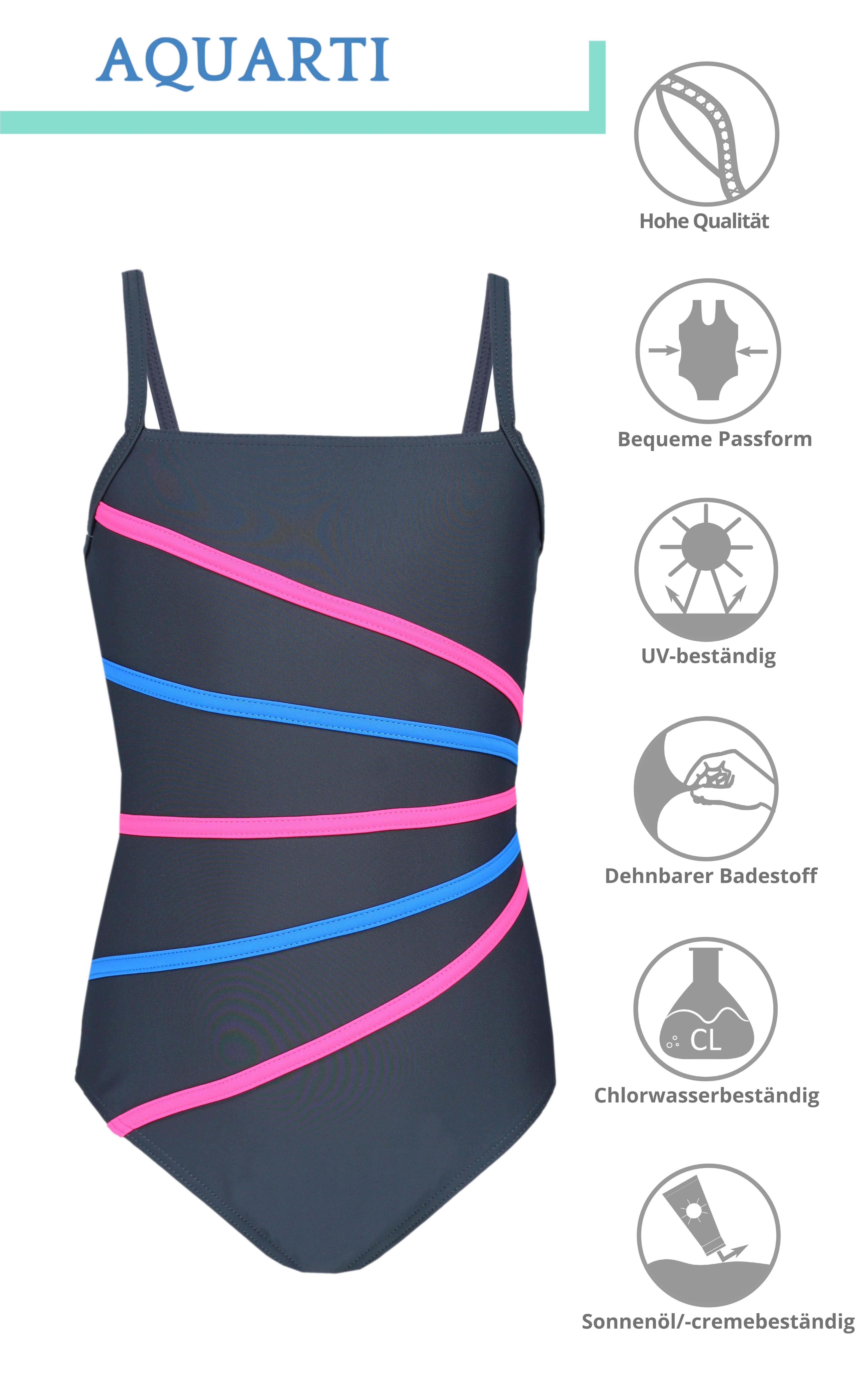 Graphit Streifen Blau Aquarti Badeanzug Mädchen Spaghettiträgern Badeanzug Streifen / mit Aquarti Pink