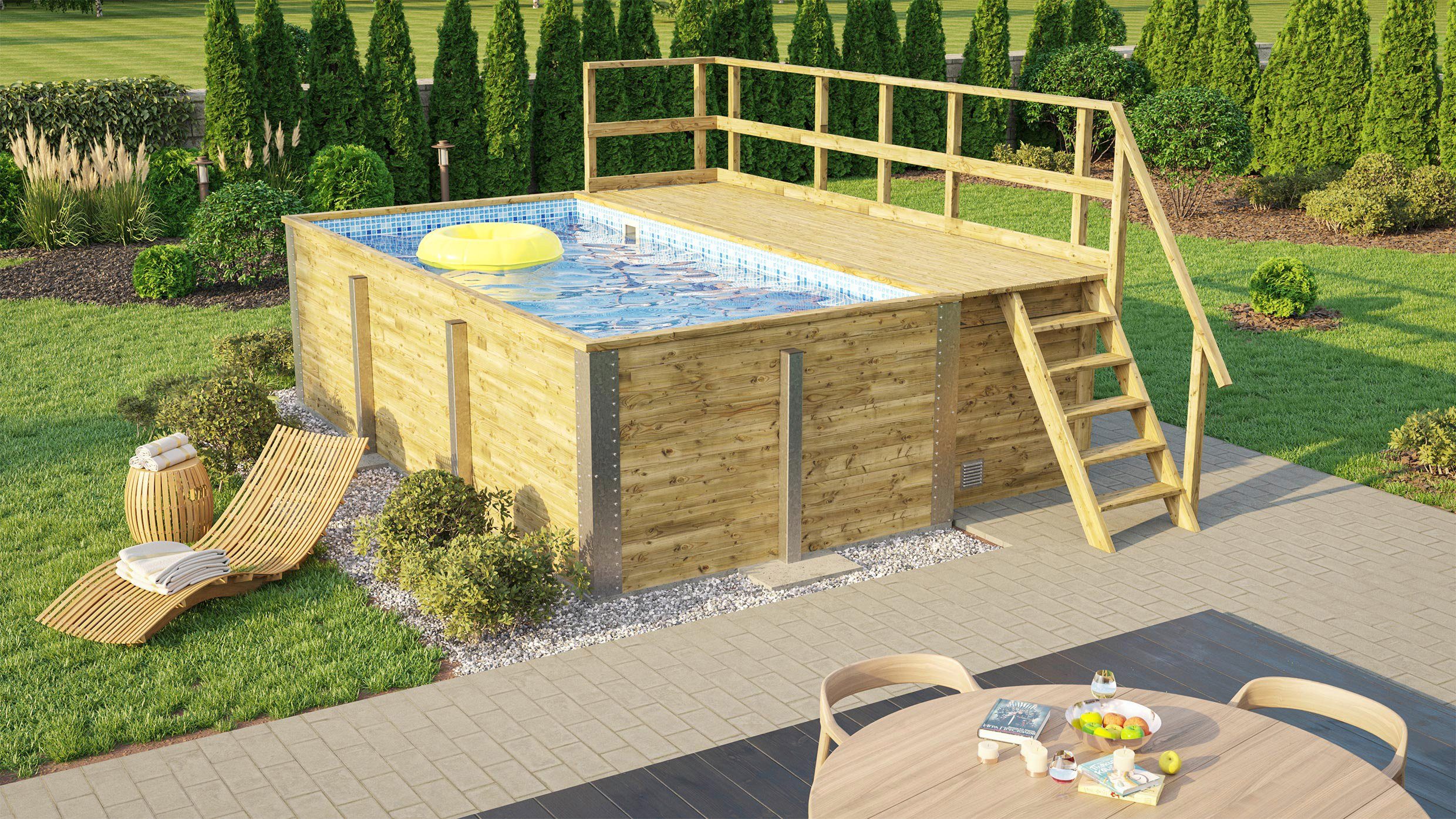 weka Rechteckpool 595 Gr.1 mit Sonnendeck und Technikraum (Set, 10-tlg), BxLxH: 309x416x116 cm. verschiedene Folienfarben