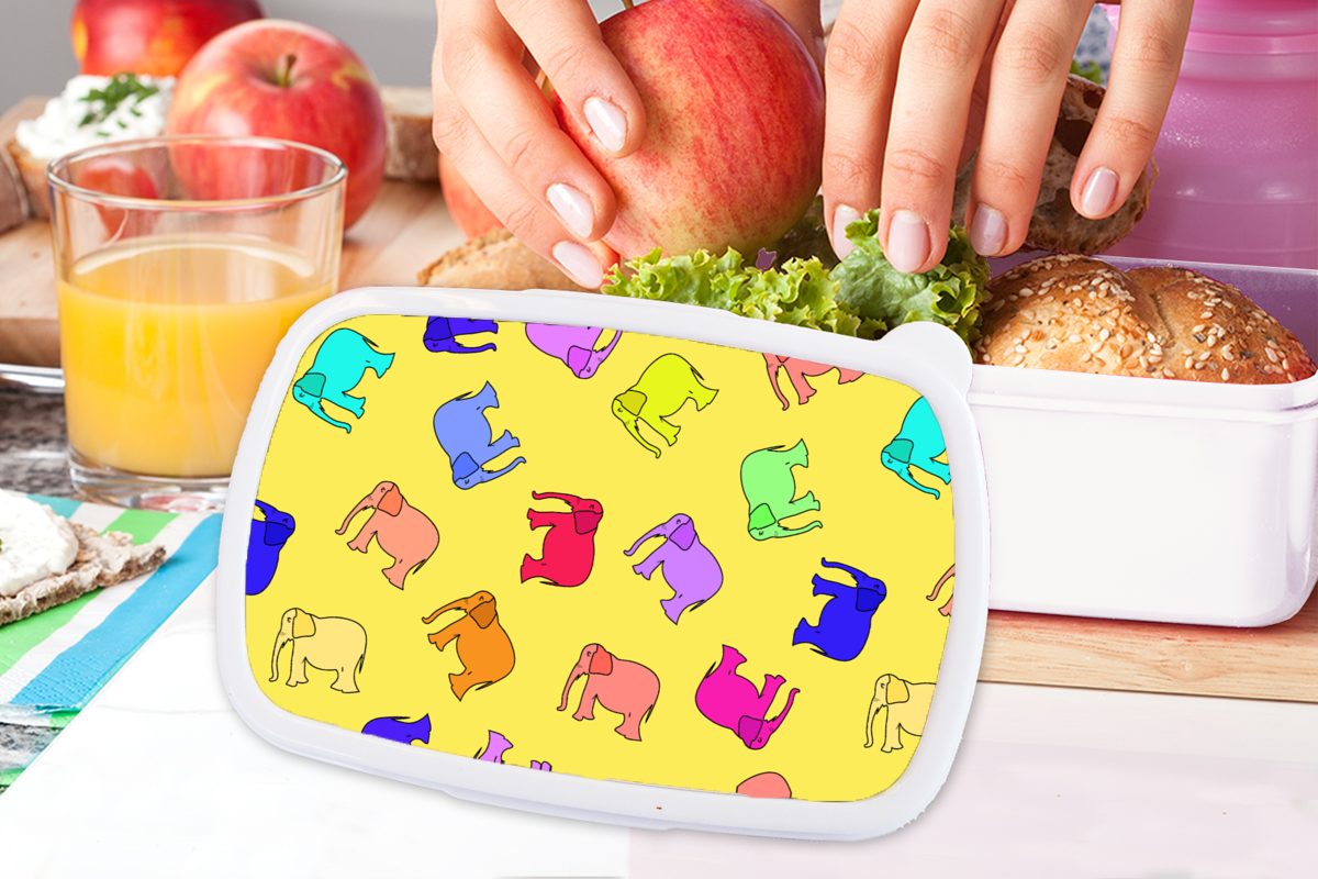 MuchoWow Lunchbox Elefant - Gelb Brotbox Jungs für Mädchen (2-tlg), und - Muster, Kinder für weiß Brotdose, Erwachsene, und Kunststoff