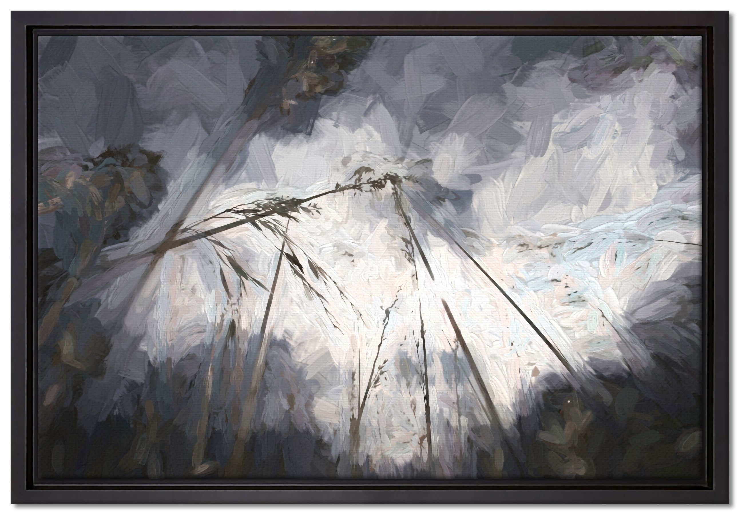 Pixxprint Leinwandbild Düsteres Gras vorm Regen, Wanddekoration (1 St), Leinwandbild fertig bespannt, in einem Schattenfugen-Bilderrahmen gefasst, inkl. Zackenaufhänger