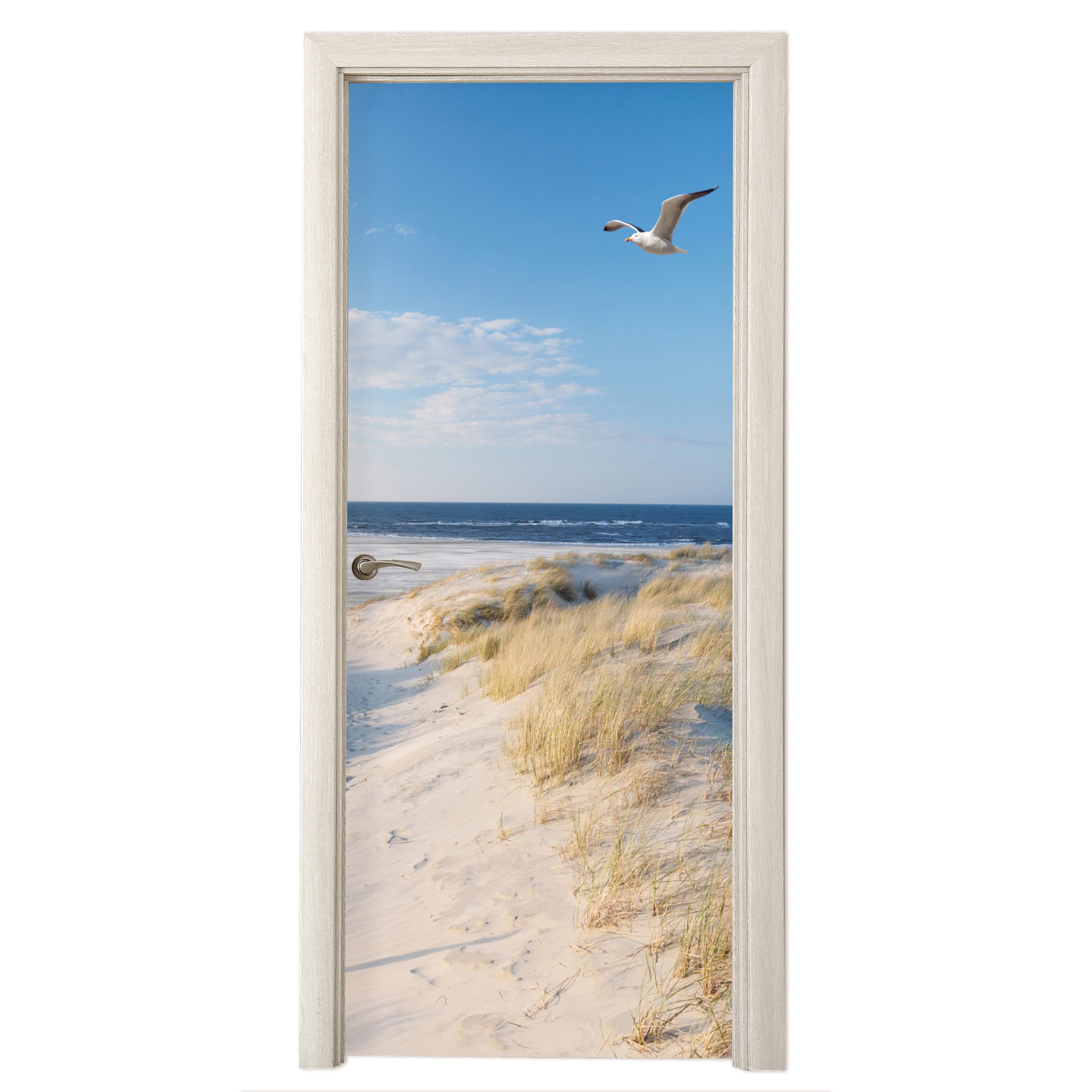 MuchoWow Türtapete Düne - Möwe - Strand - Meer - Sonne, Matt, bedruckt, (1 St), Selbstklebende Tapete, Folie für Möbel, 70x215 cm