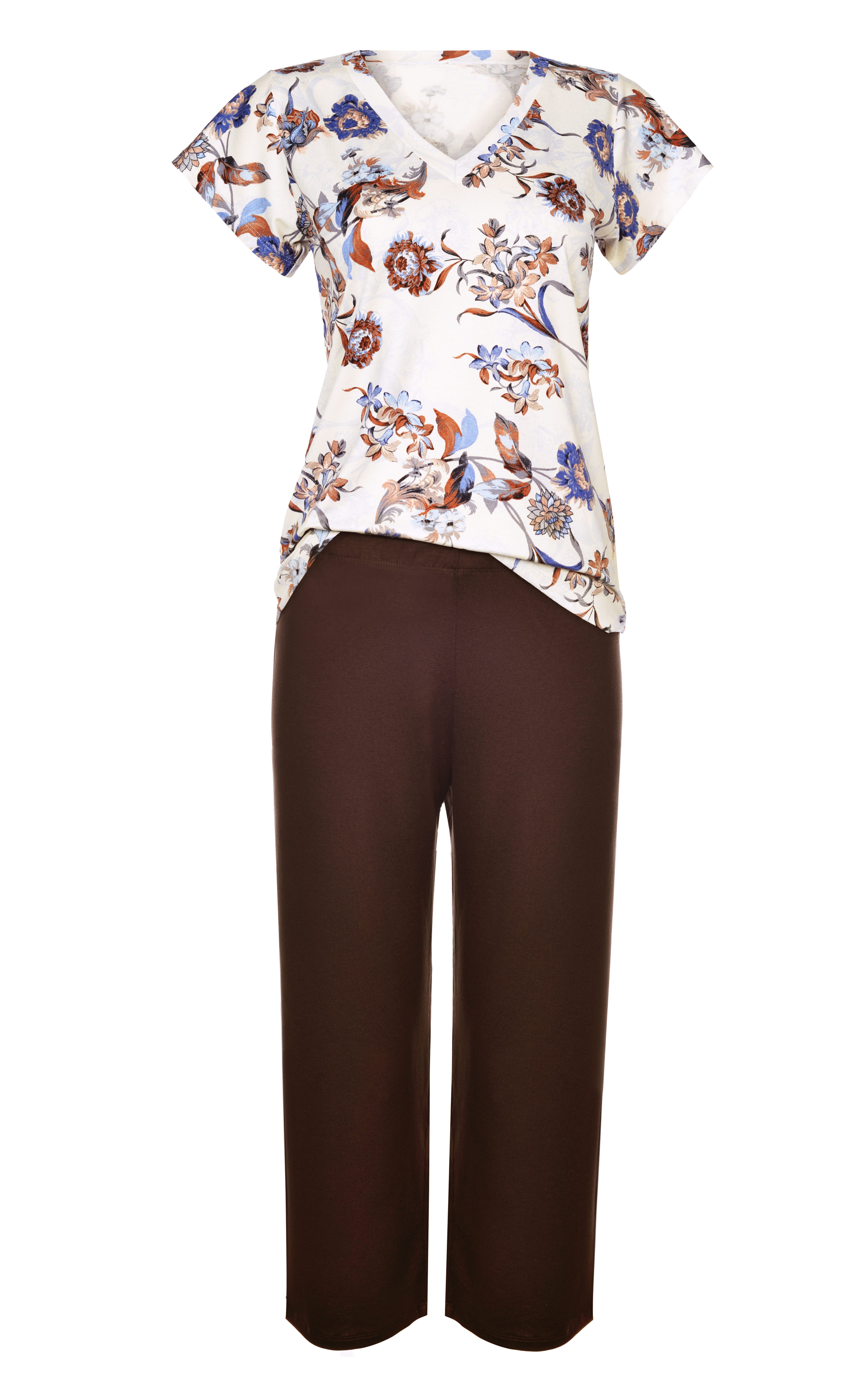 Donna Capri-Pyjama 3/4 Schlafanzug mit Blumendruck in Blau-Braun-Tönen (2 t günstig online kaufen