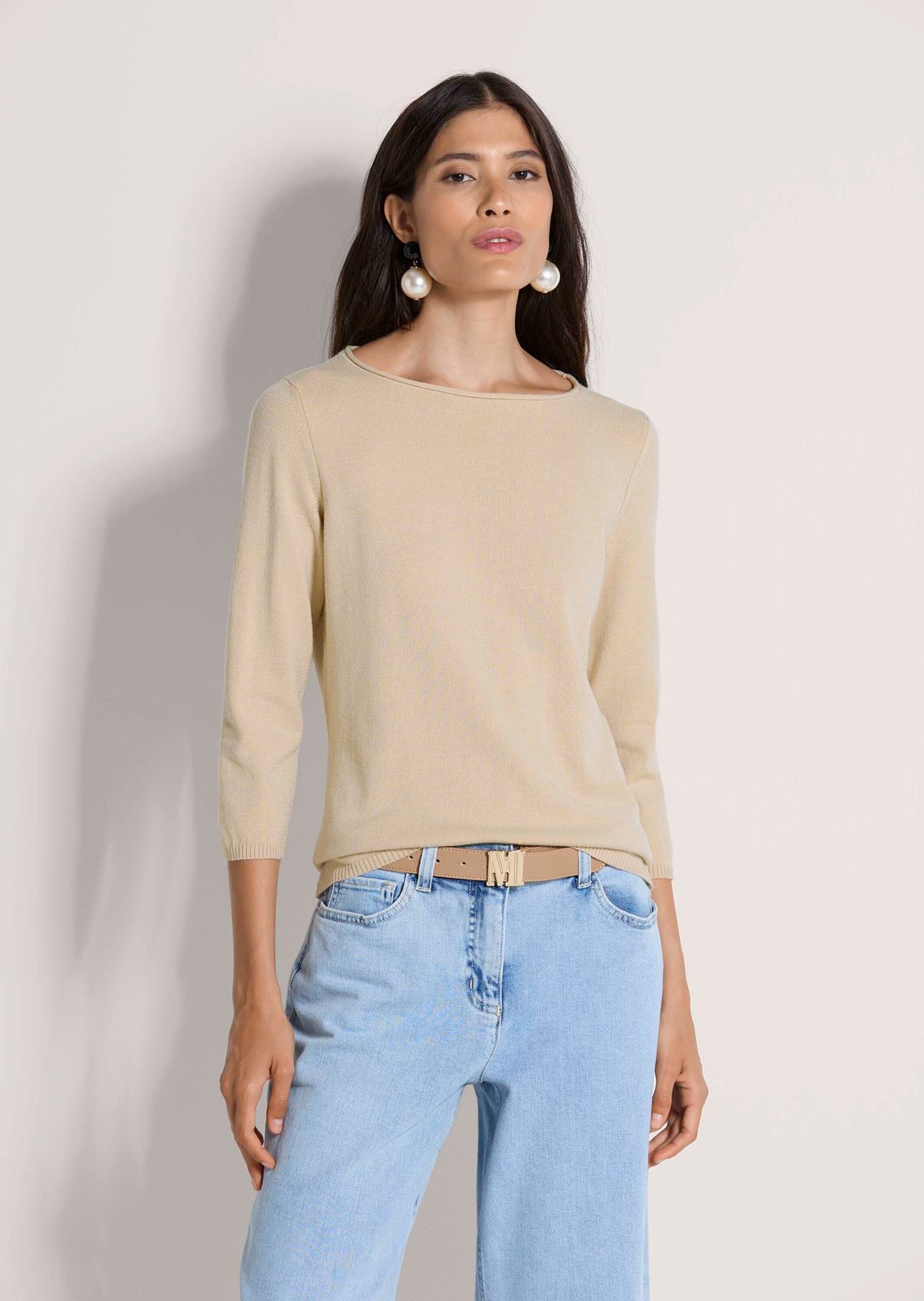 MADELEINE Strickpullover Basic-Pullover mit Rollkante Viskosepullover mit U-Boot-Ausschnitt, Rippenblenden und 3/4-Ärmeln