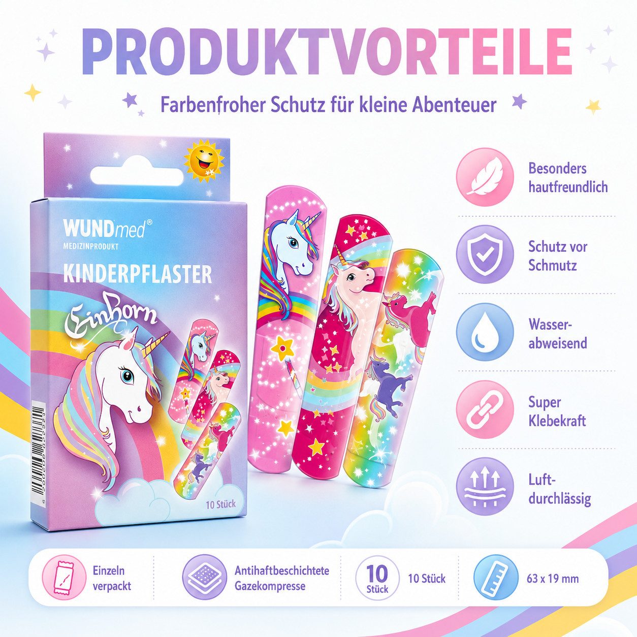 Wundmed Wundpflaster Kinderpflaster Einhorn – hautfreundlich, tröstet kleine Helden (10 St)