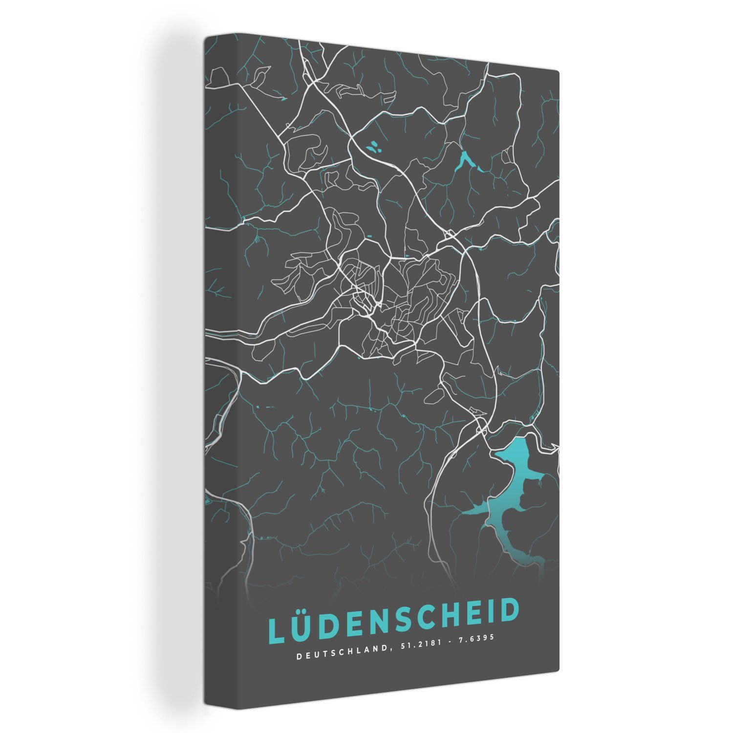 OneMillionCanvasses® Leinwandbild Blau - Deutschland - Karte - Stadtplan - Lüdenscheid, (1 St), Leinwandbild fertig bespannt inkl. Zackenaufhänger, Gemälde, 20x30 cm