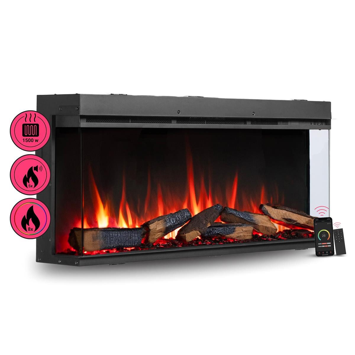 Balderia Elektrokamin Elektrokamin Einbaukamin BALDERIA Athena 44 – 1500 W, schwarz, Einbaukamin, App, Knistereffekt, 3D Flamme, 1500 W