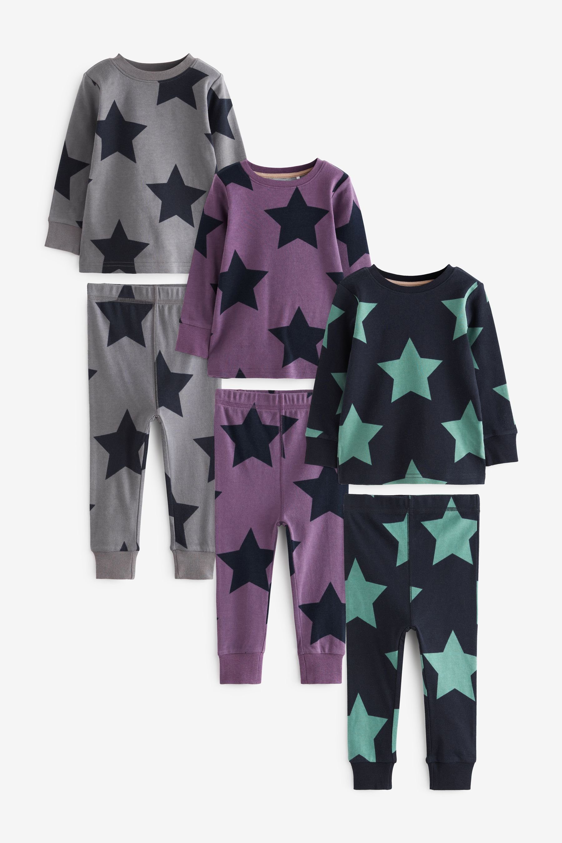 (6 tlg) Next Blue Star Pyjama Kuschelpyjamas, 3er-Pack Purple/Navy
