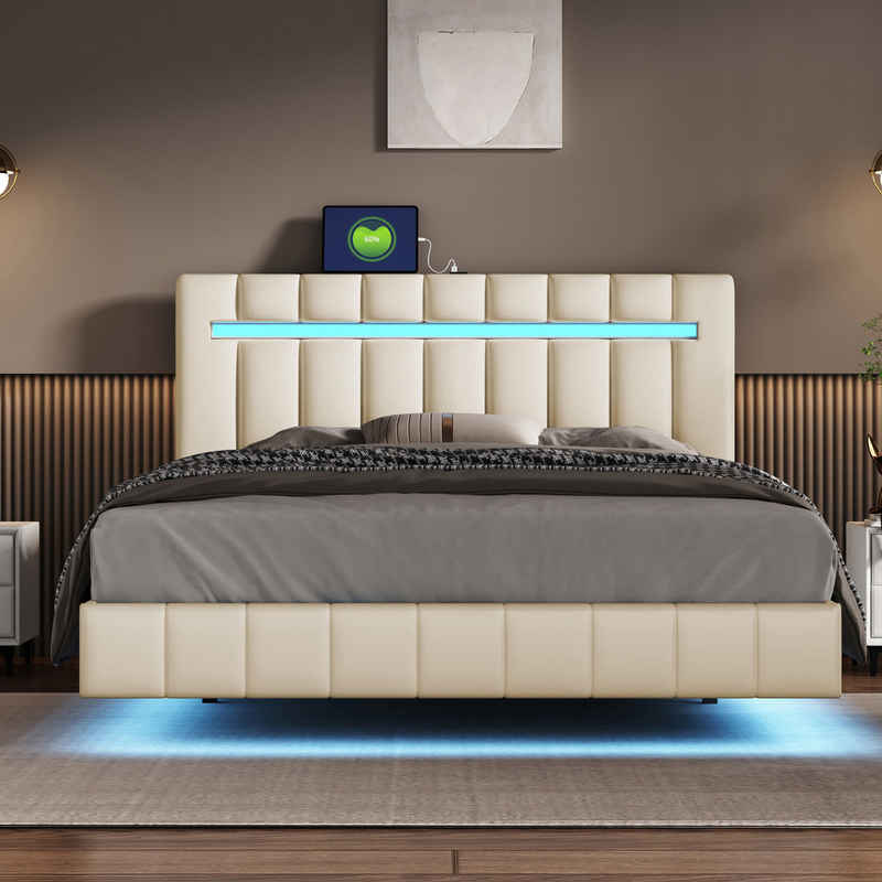 Ulife Polsterbett Doppelbett gepolsterter Schwebebett Rahmen mit LED-Leuchten, Gästebett in hautfreundlichem Leinen, 140 x 200 cm
