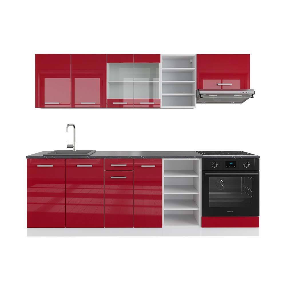 Vicco Küchenzeile R-Line, Rot Hochglanz/Weiß/Weiß, 240 cm, AP Anthrazit