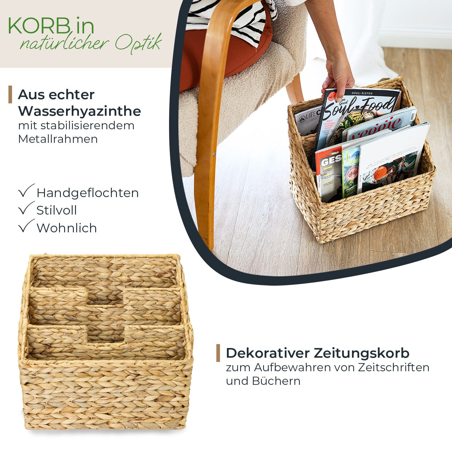 HMF Zeitungsständer Zeitungskorb geflochten aus Wasserhyazinthe, vielfältiger Zeitungsständer mit 3 Fächern, 35 x 23 x 32 cm – Bild 3 von 5
