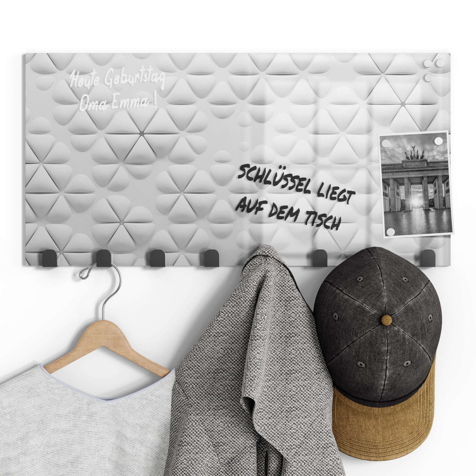 DEQORI Kleiderhaken 'Geometrische Harmonie', Glas Garderobe Paneel magnetisch beschreibbar