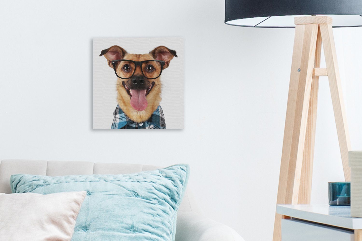 OneMillionCanvasses® Leinwandbild Bluse Hipster, Schlafzimmer Wohnzimmer (1 - Leinwand - - Hund Brille St), Bilder für