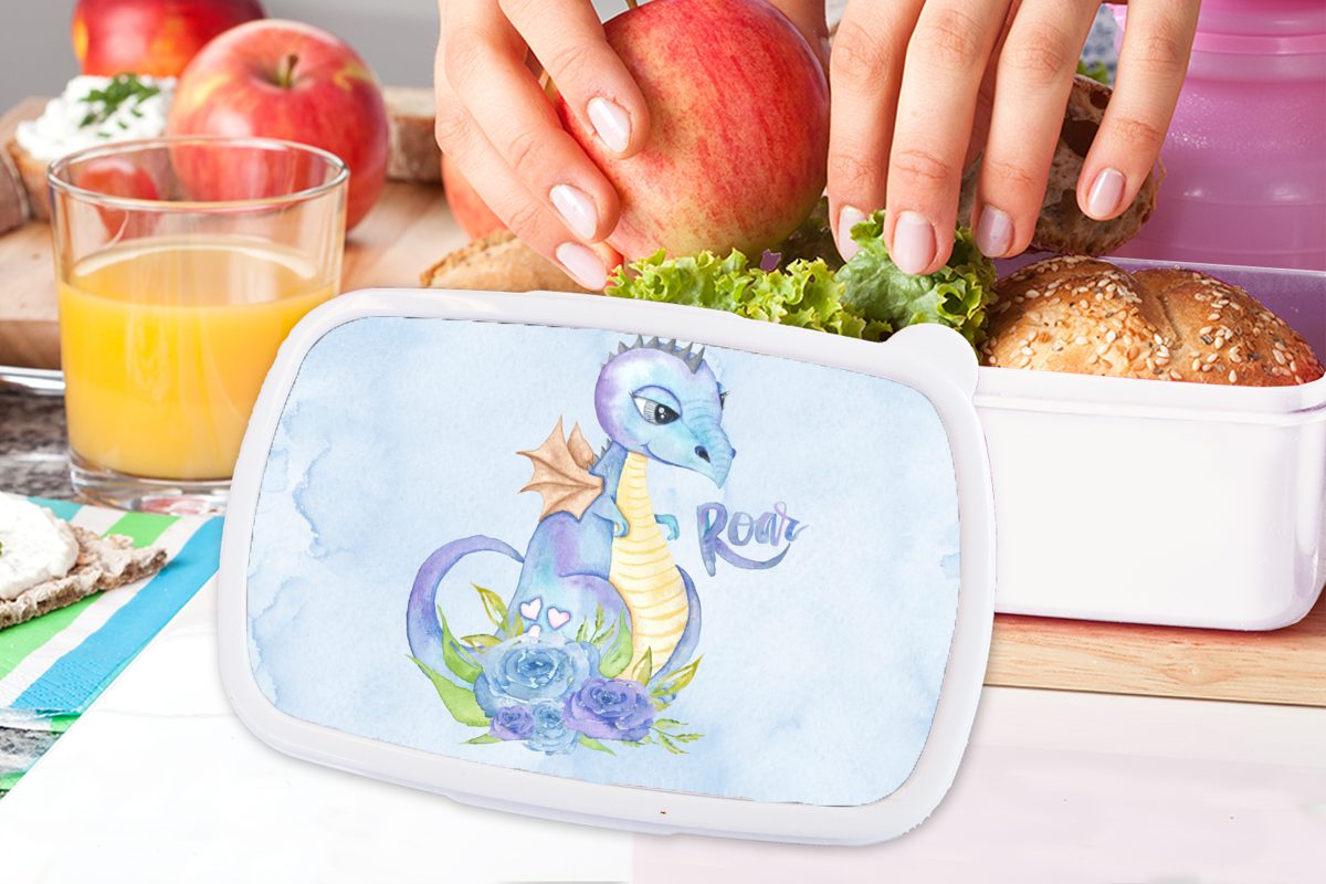 MuchoWow Lunchbox Dino - Kunststoff, Kinderzimmer und - Brotdose, Brotbox - Aquarell - für Mädchen Jungen Kinder Kinder, Erwachsene, weiß und (2-tlg), für Jungs